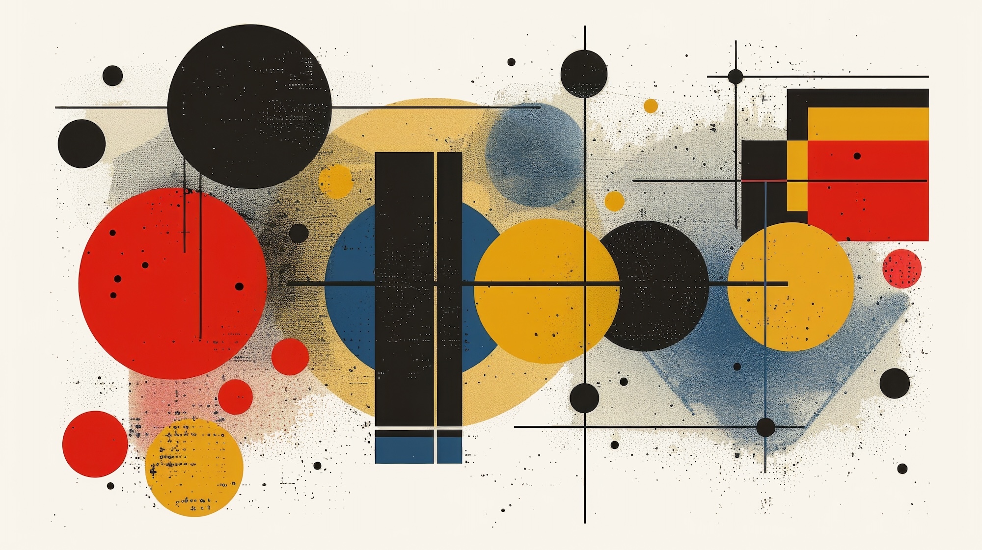 Abstract graphic artwork consisting of several coloured spots, lines and rectangles of red, black and yellow on a white background.