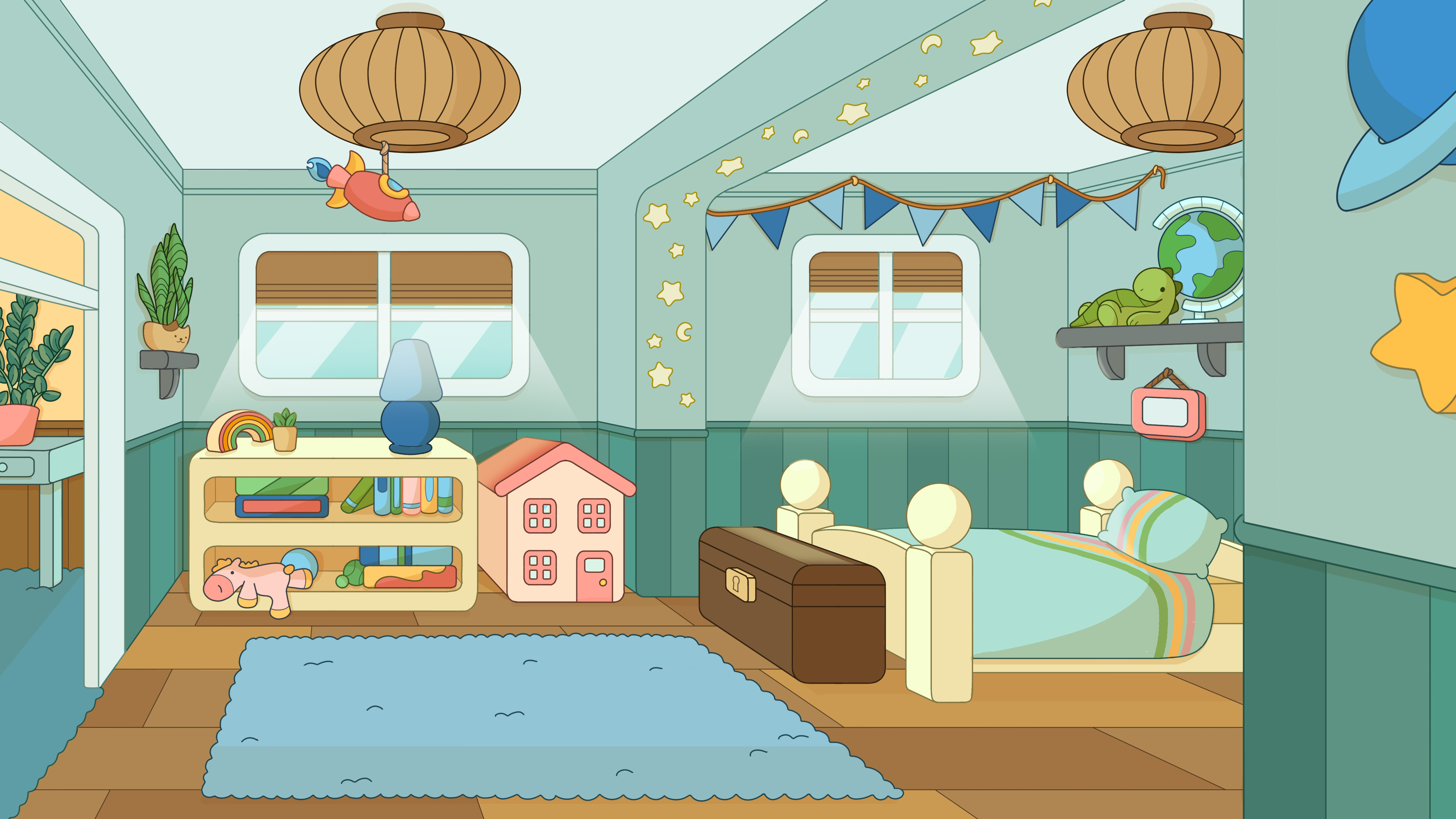 Illustration of a child's empty bedroom during the day with toys on shelves and a chest at the foot of the bed.