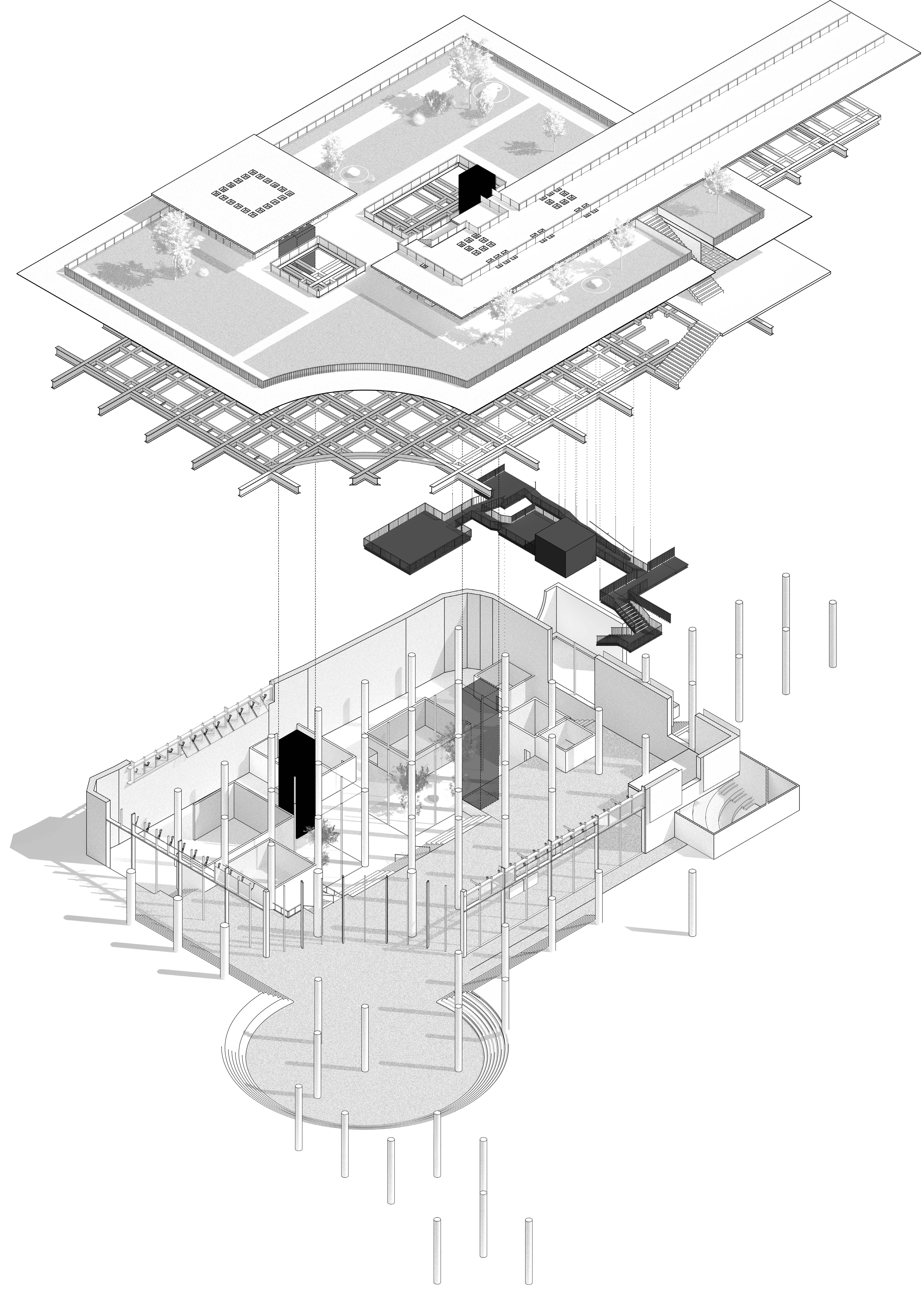 Architectural exploded axonometric drawing showing grey and white building layers separated vertically, with black accent elements throughout.
