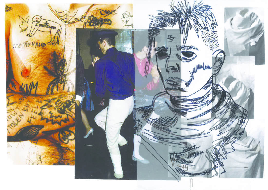 Mixed media collage with yellow and orange abstract elements on left, central figure in blue top and white trousers, black ink portrait on right.