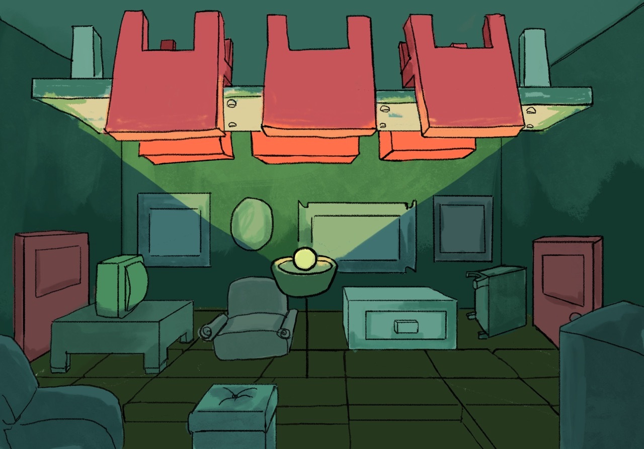 Cartoon-style underground room with green walls and floor. Three red hanging chairs suspended from an upside-down desk. Various blue and green furniture scattered below with small yellow light source in centre.