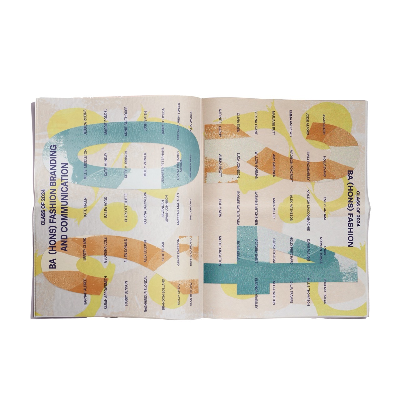 Mock-up booklet showing the AUB Fashion Communication Class of 2024, colourful blue, orange and yellow design.