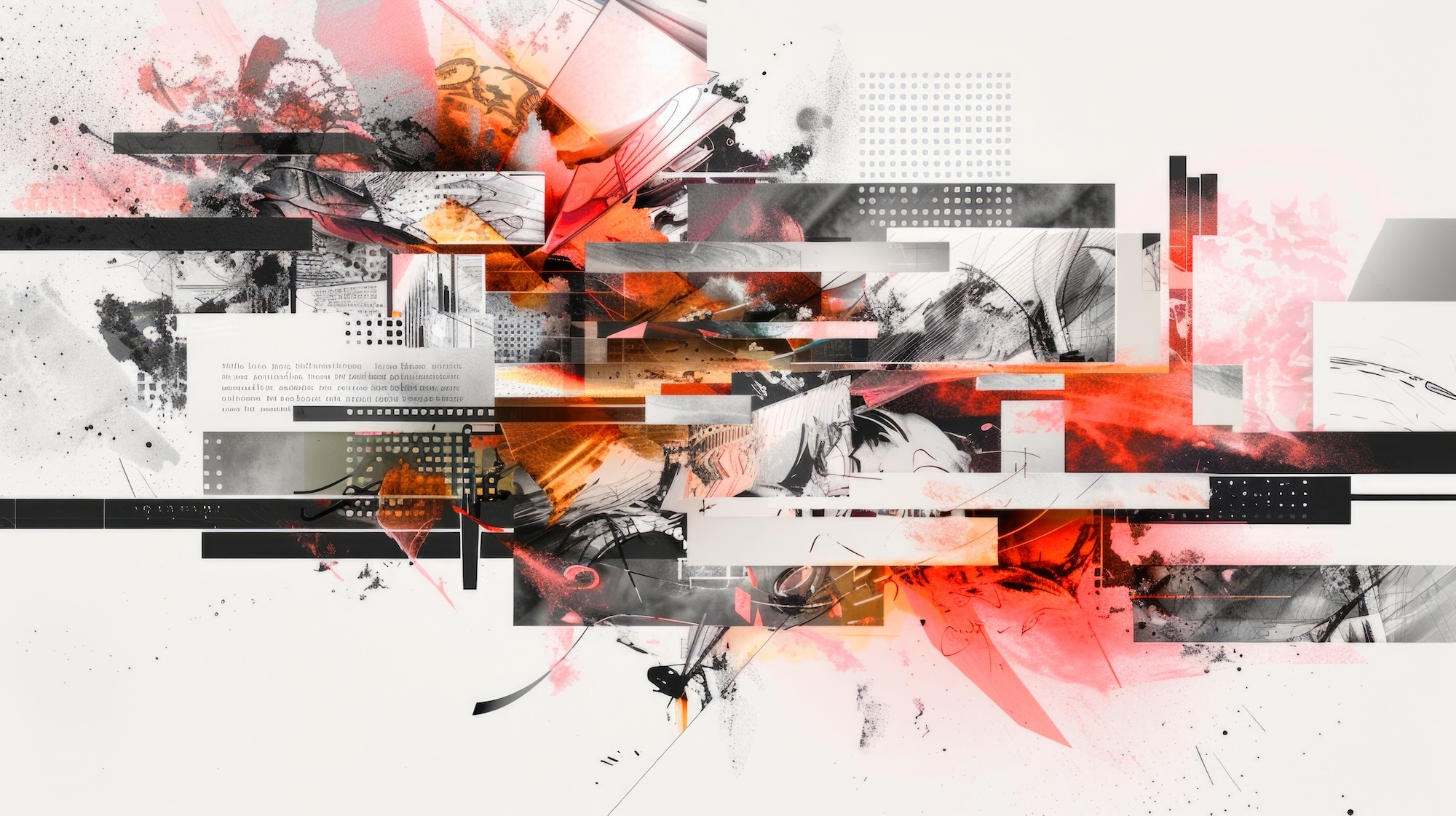 Abstract artwork with several black, white and grey rectangles and red, orange and pink areas.