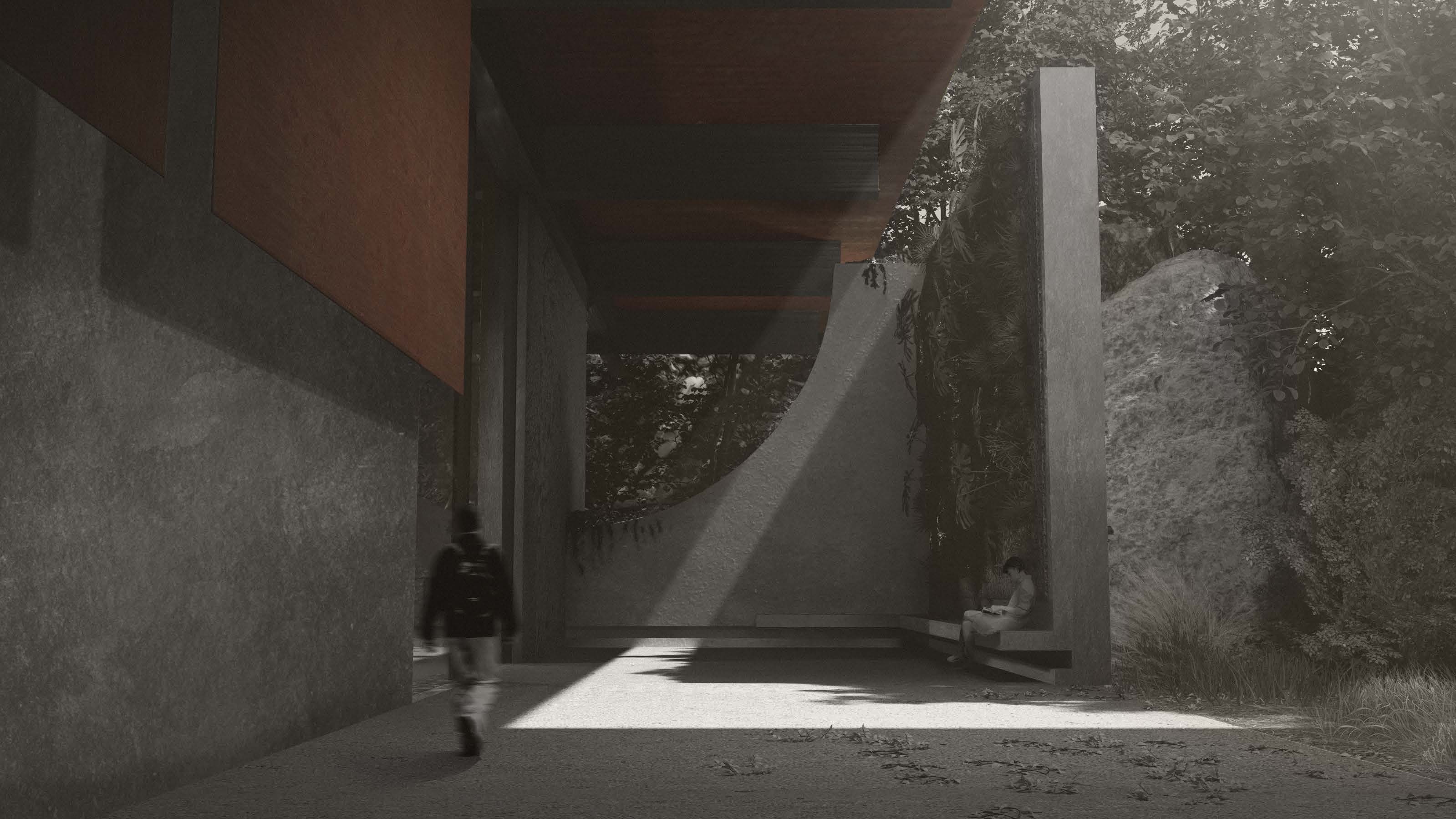 Concrete architectural space with geometric walls and angular surfaces. Strong diagonal light beam cuts across grey interior. Small dark figure visible on left side.
