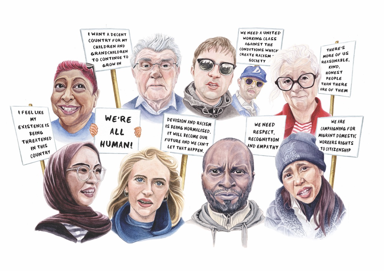 A collage of illustrated portrait faces of diverse people holds placards about immigration and human rights, set against a white background.