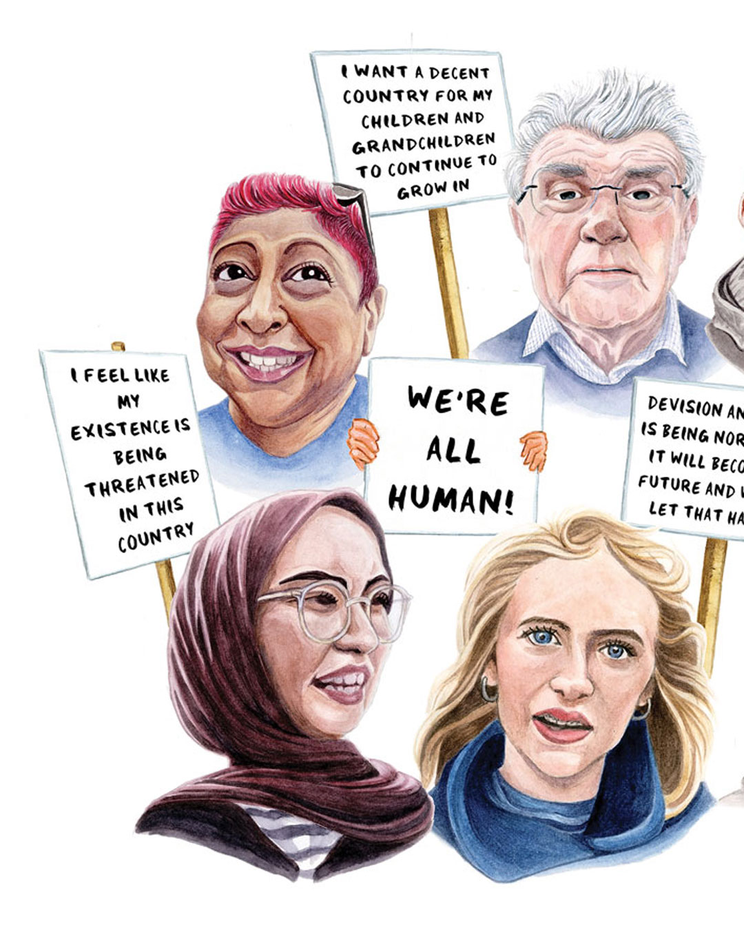 Illustrated portraits of several people holding protest signs, including one that says 'We're all human!', against a plain white background.