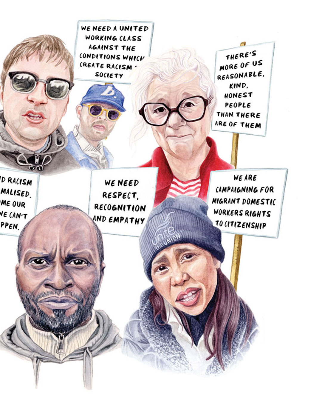An illustration of five people holding protest placards about racism, respect and migrant workers' rights against a white background.