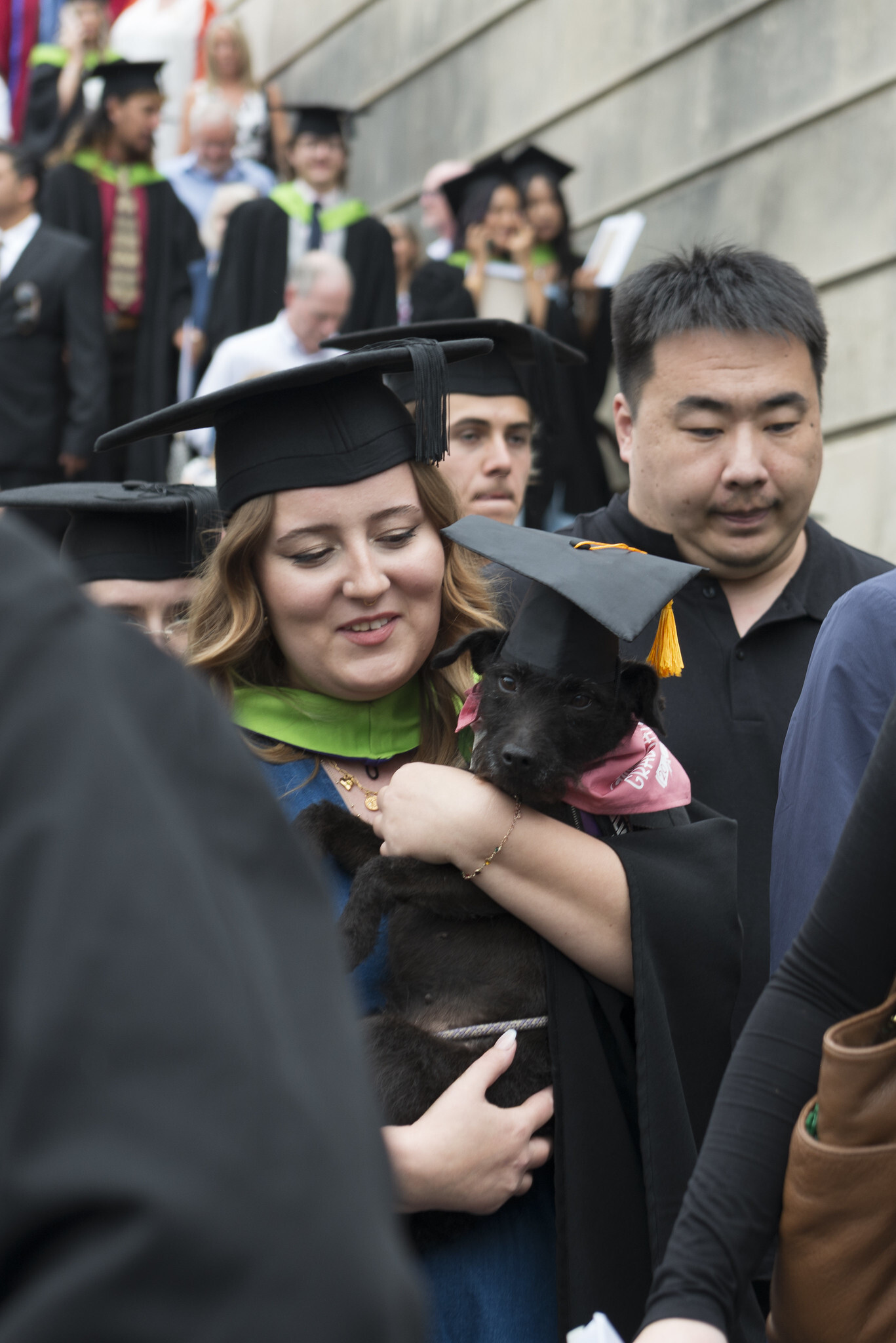 Woman in graduation cap and gown hugging small black dog on stone steps with other graduates in background.
