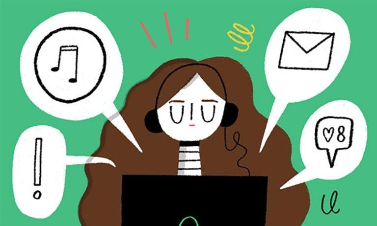 Illustration of a person wearing headphones with their eyes shut. Speech bubbles appear around them, showing an exclamation mark, a musical note, an envelope, and an Instagram notification for 8 likes.