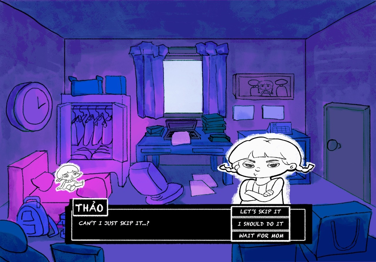 Cartoon bedroom scene in purple and blue tones with furniture, window, and character dialogue boxes at bottom showing conversation options.