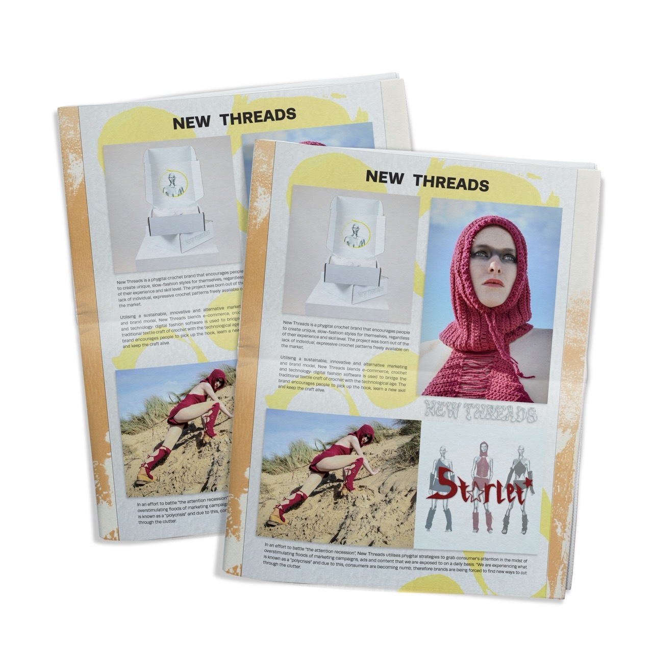 Mock-up magazine spread for New Threads showing a model wearing red-crocheted outfits on the beach with line-up.