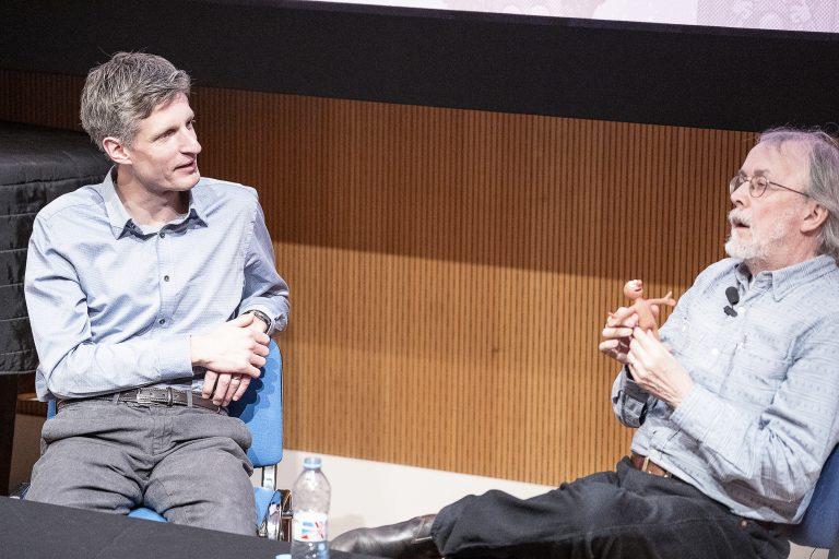 Peter Lord in discussion with BA (Hons) Animation Production Senior Lecturer, and previous Aardman Animator, Richard Haynes