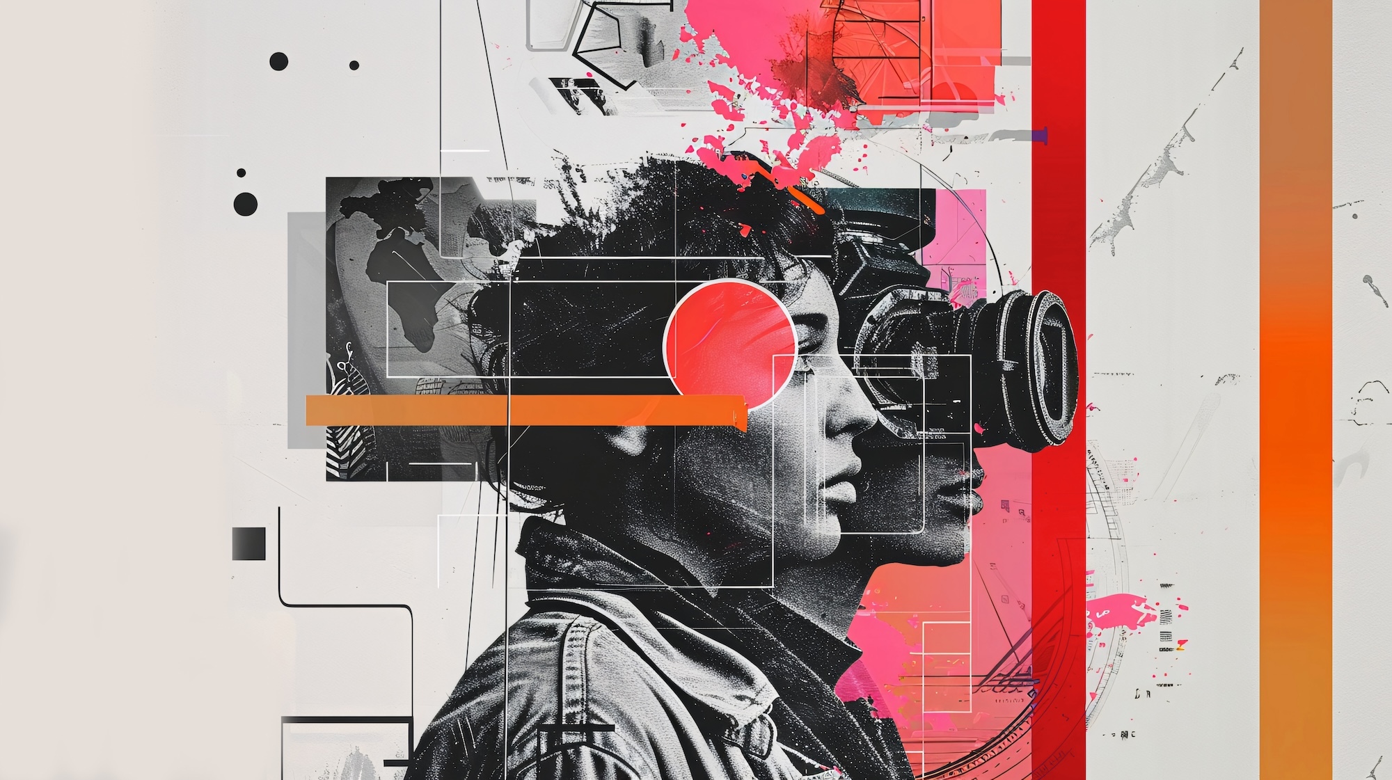 Black and white illustration of two people viewed from the side, looking to the right, one is wearing binocular-like headgear. They are superimposed onto a colourful, geometric abstract background.