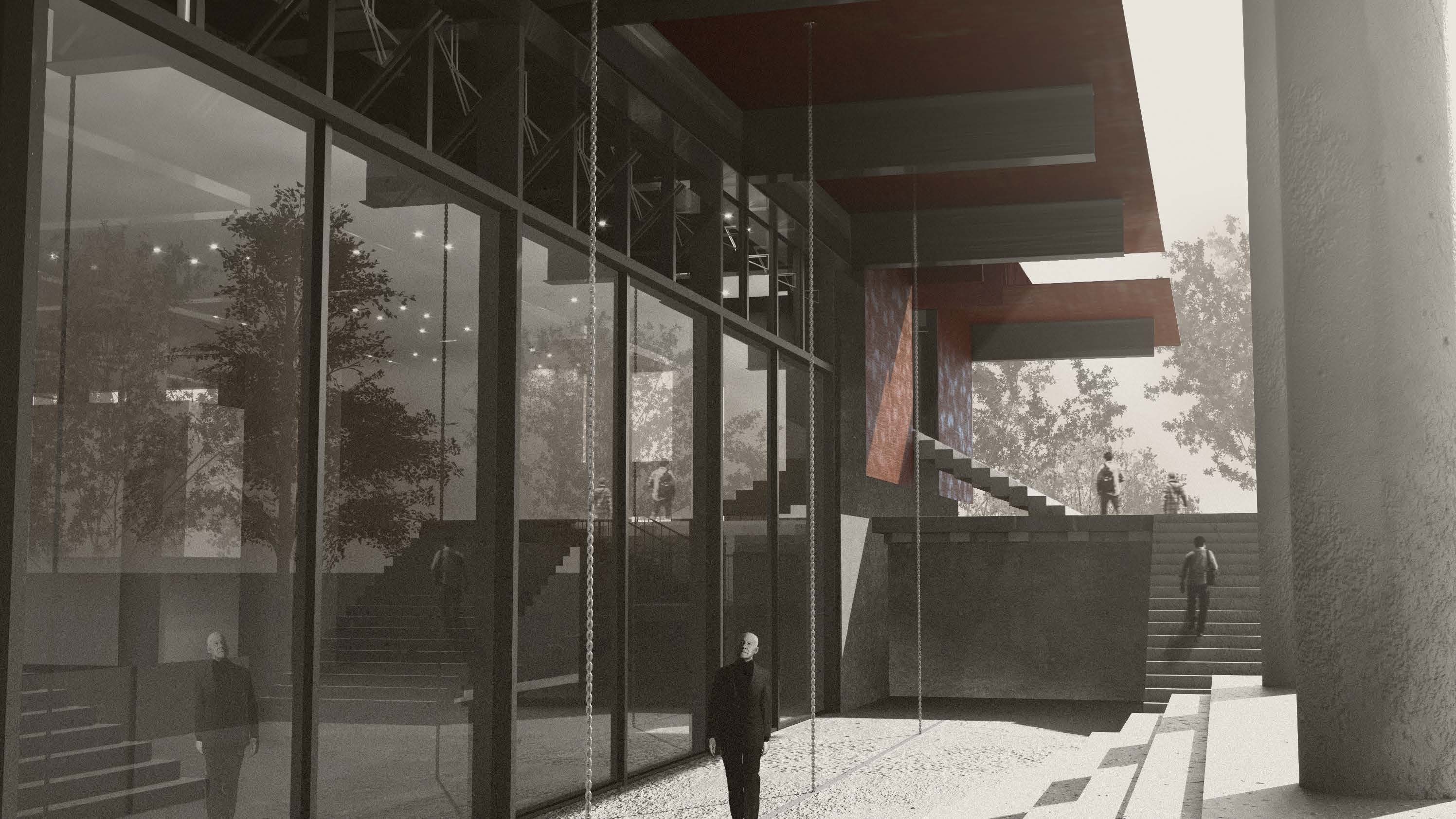 Modern building interior with floor-to-ceiling glass walls, concrete stairs, and person silhouetted against snowy outdoor landscape.