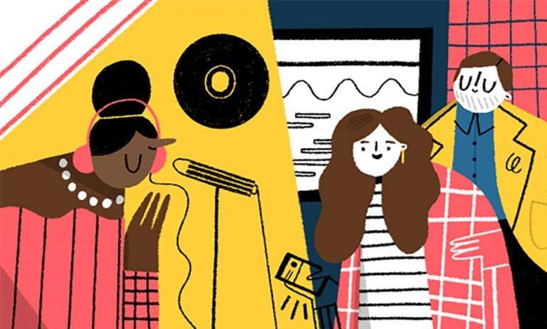 Illustration of two people watching a singer wearing earphones and standing in front of a microphone under a spotlight.