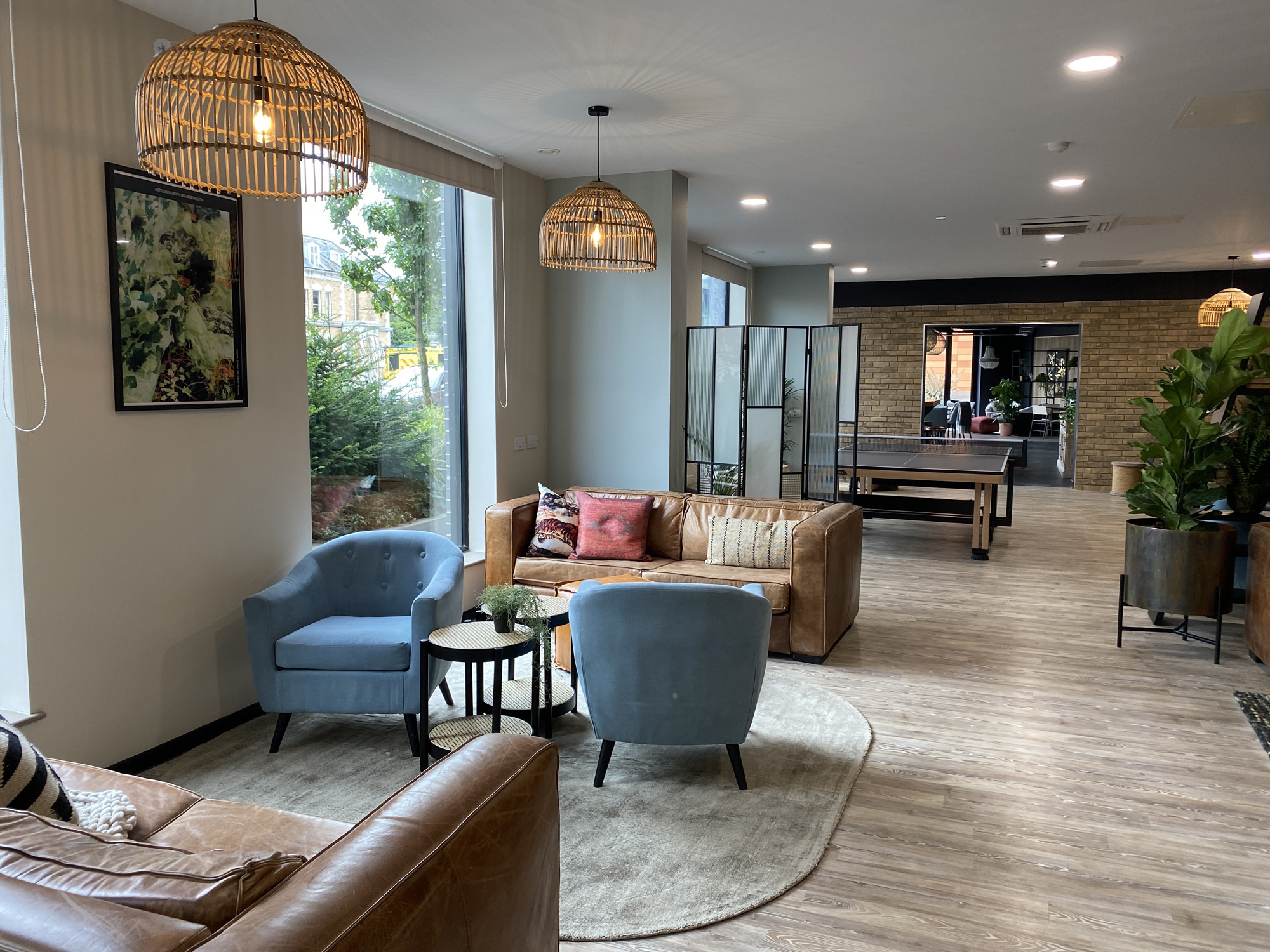 The lobby at Home Park with furniture, cosy lighting, plants and big windows.