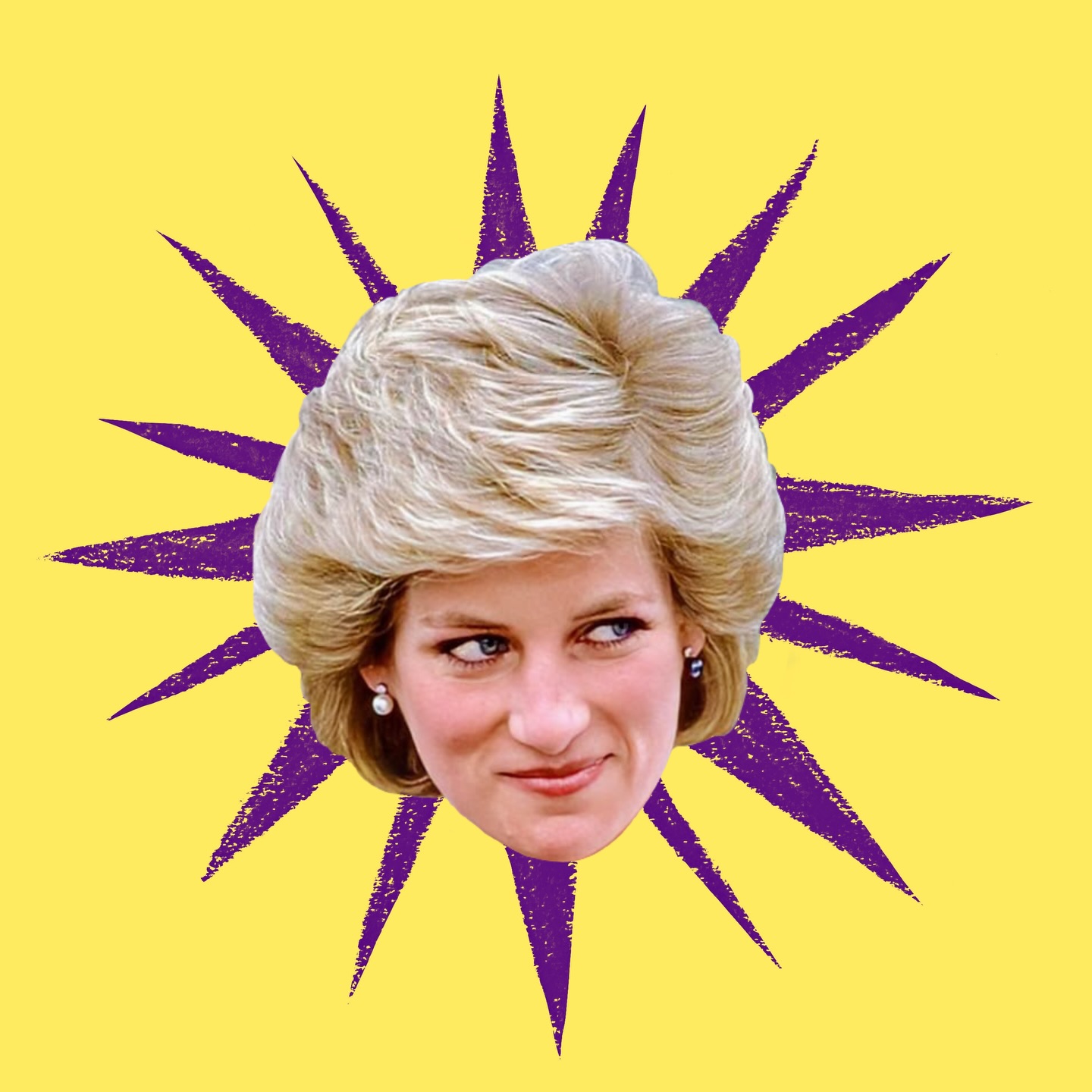Headshot of Princess Diana on a funky purple star, yellow background.