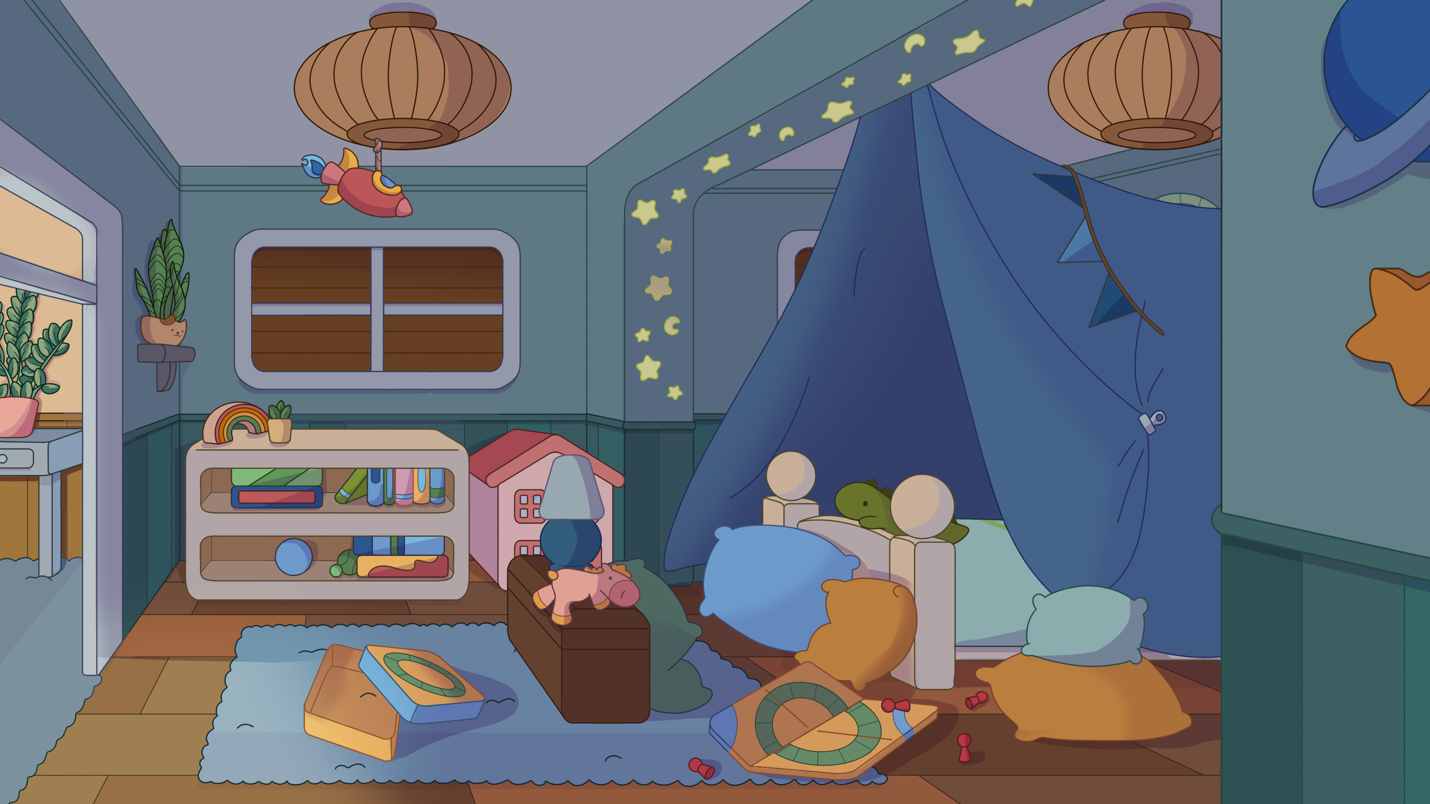 Illustration of a child's empty bedroom at night, with toys and cushions on the floor and sheets draped over the bed like a tent.