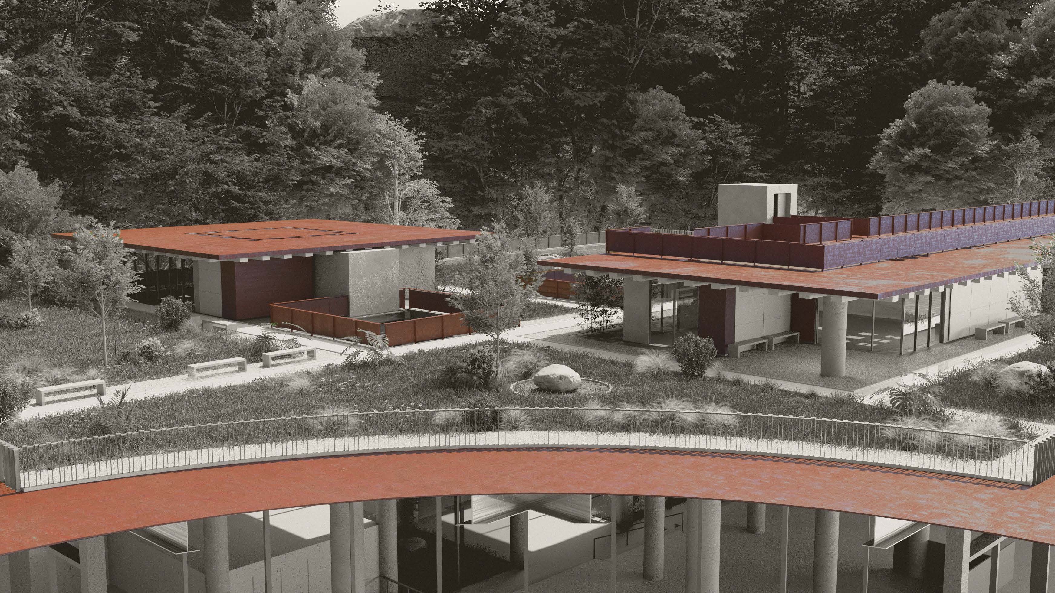 Modern house with red roof and concrete elements beside water, surrounded by dense green trees on hillside.