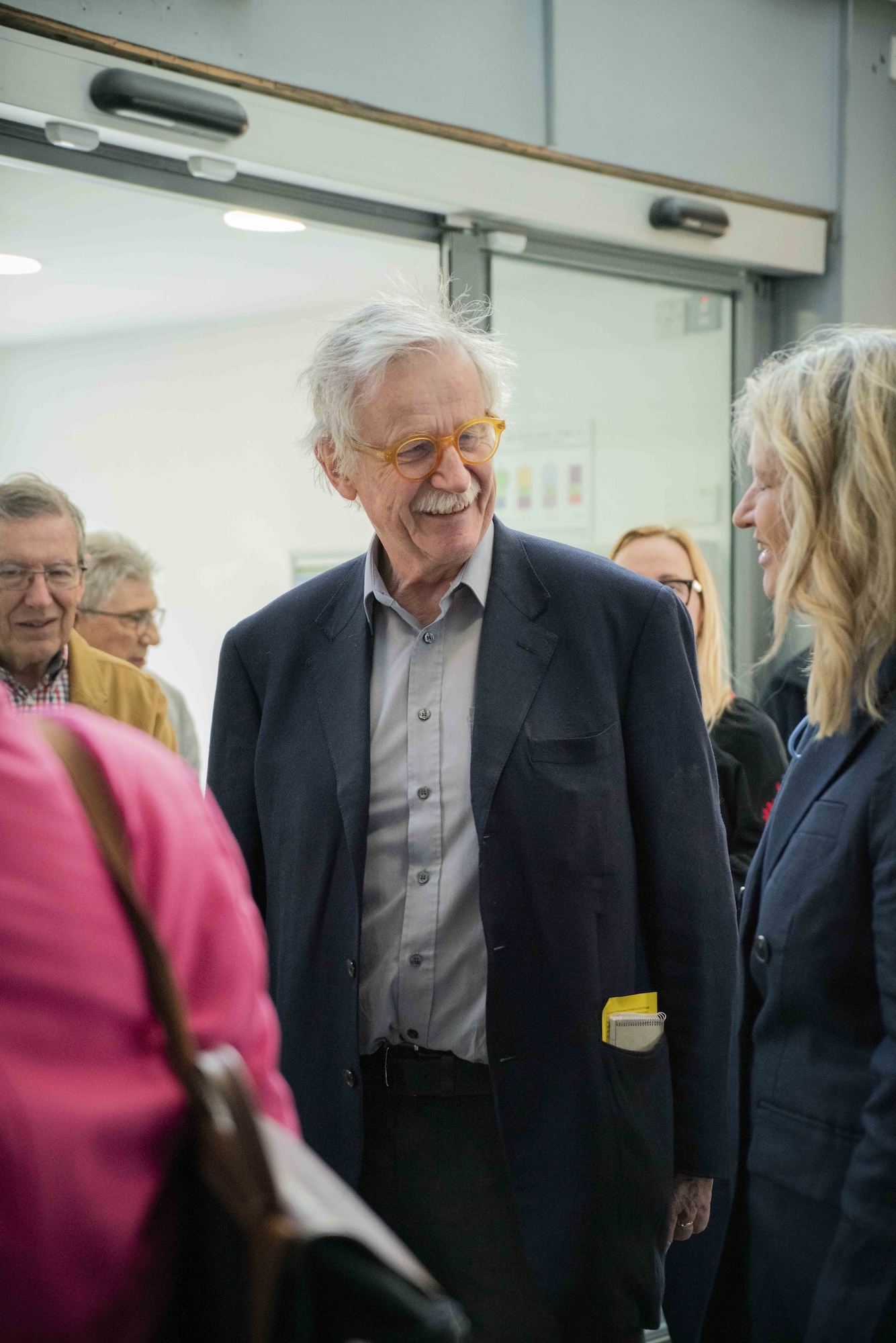 Professor Sir C. Frayling and L. Mann conversing at Arts University Bournemouth's Strategy 2030+ launch event.