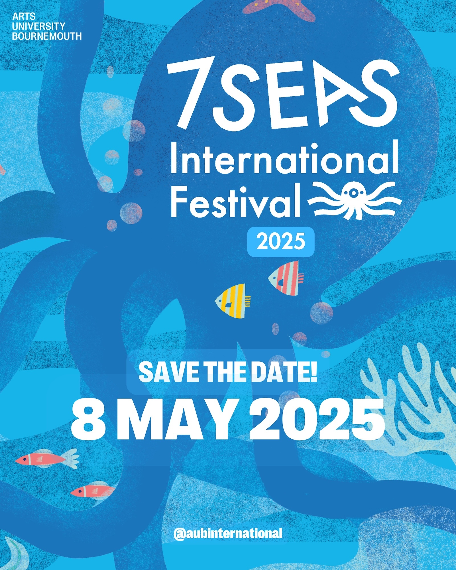 Blue poster with the shadow of an octopus across the page and little fish and coral dotted around. White text appears in the top right reading "7 Seas International Festival" and a white octopus icon next to it.