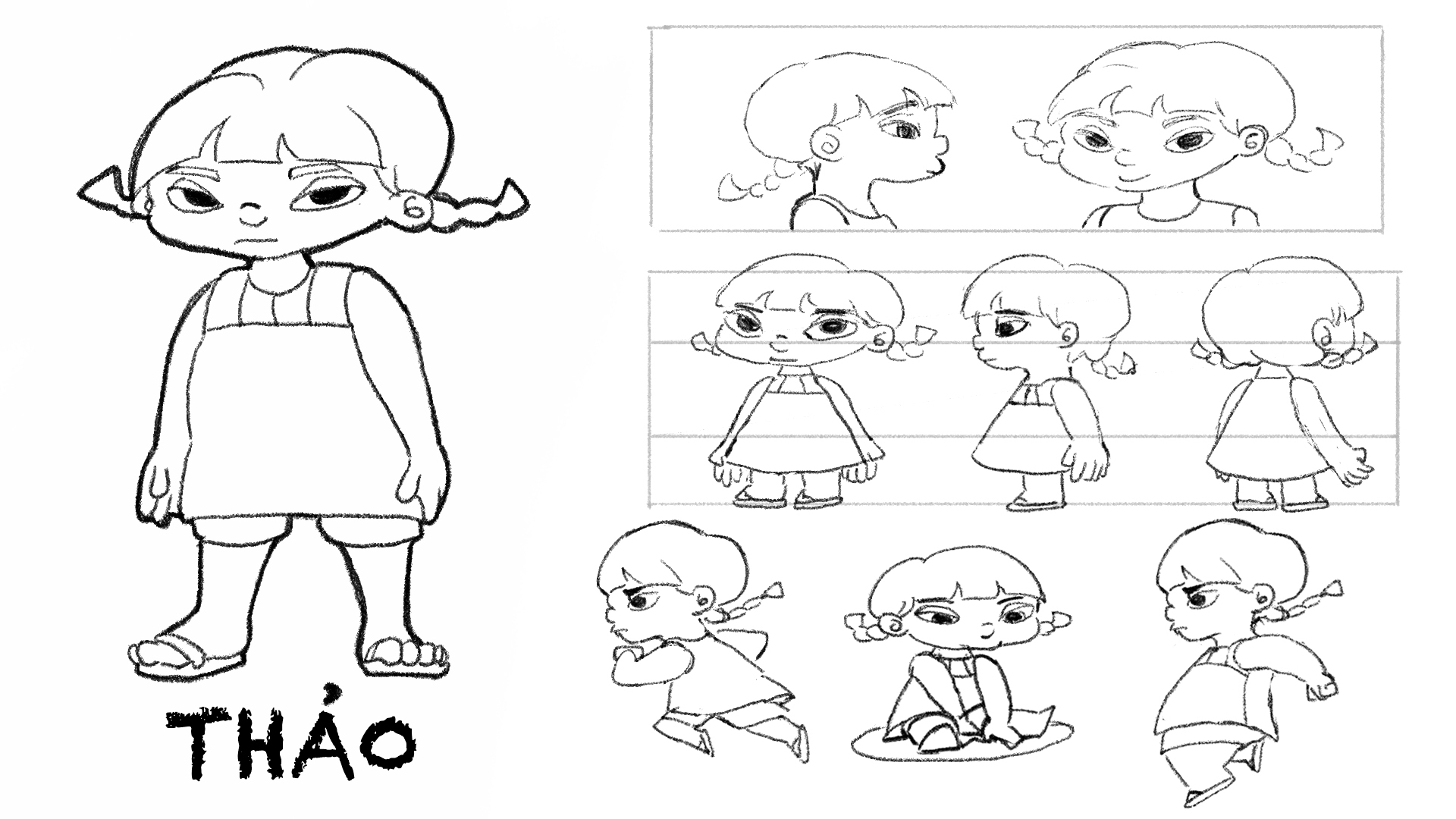 Black line drawing of cartoon girl character named Tháo with pigtails, plus reference sheet showing multiple poses and expressions.