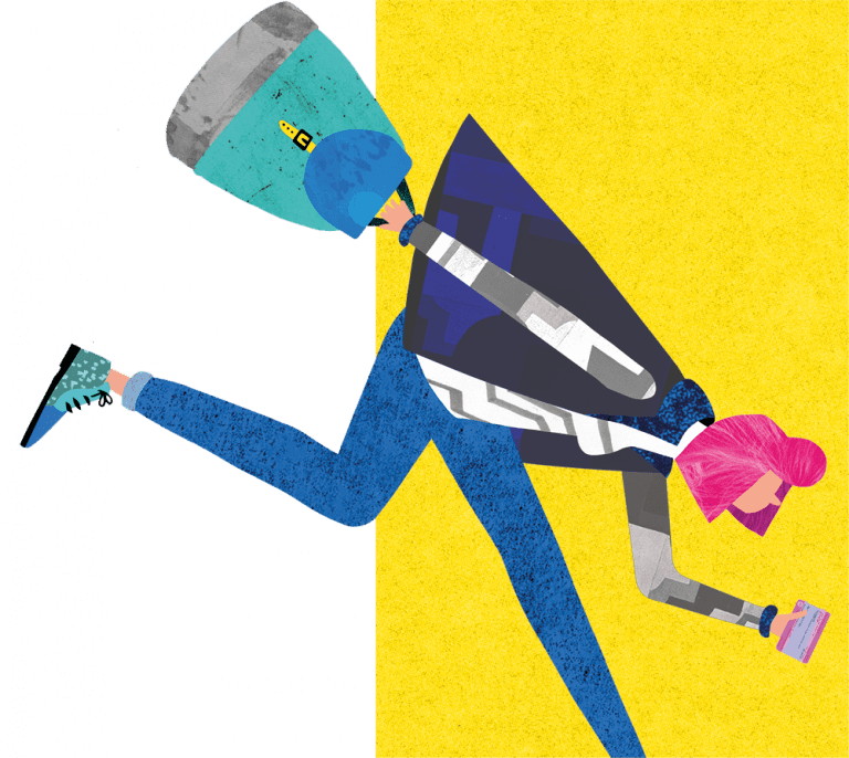 Illustration of a person running with a bag in one hand and a ticket in the other hand.