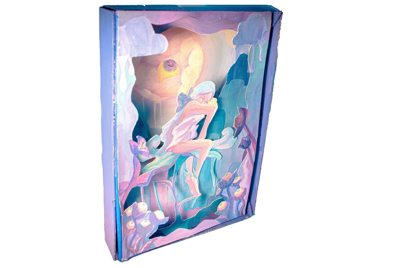 Blue-framed rectangular box containing abstract composition with orange circle, flowing pink and teal shapes, purple and white elements.