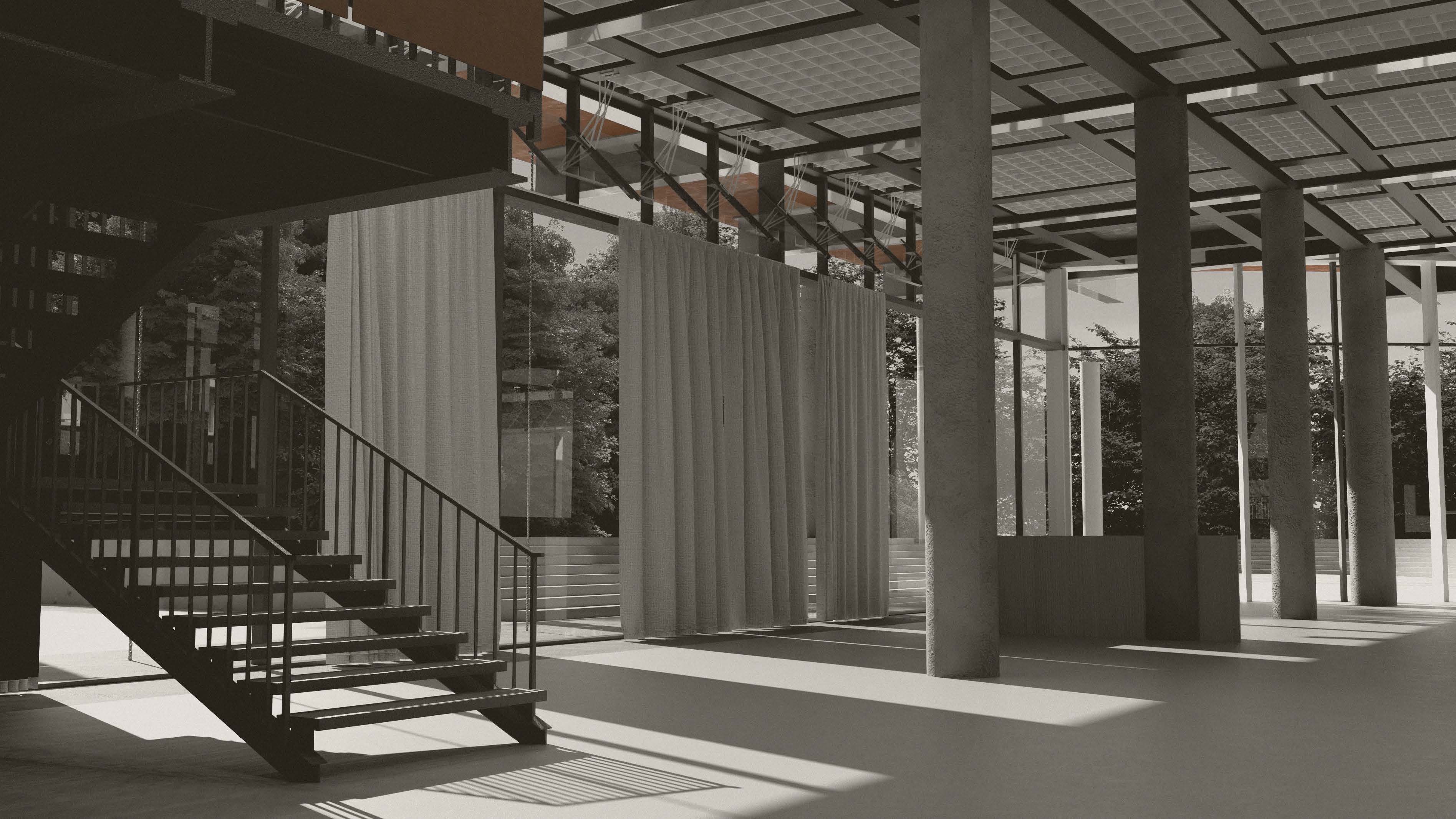 Industrial interior with metal staircase, concrete floors, exposed ceiling beams, and large windows casting geometric shadows.
