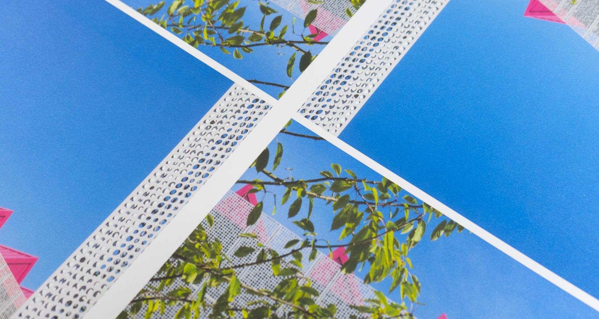 Abstract image made up of four corners of the same photo, showing metal mesh columns, and tree branches with leaves.