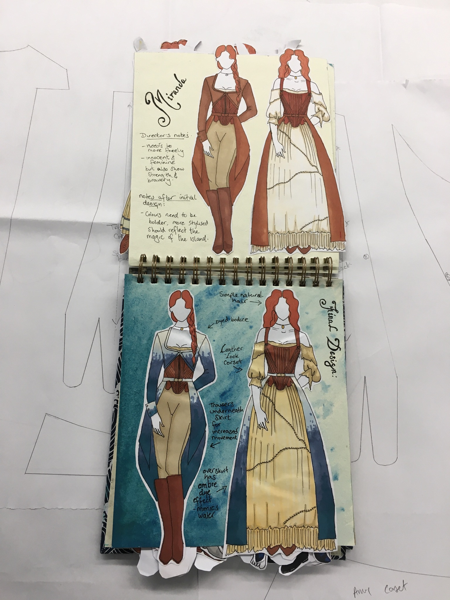 Double-page spread of a sketchbook showing costume design sketches and handwritten notes for Miranda from Shakespeare's The Tempest.