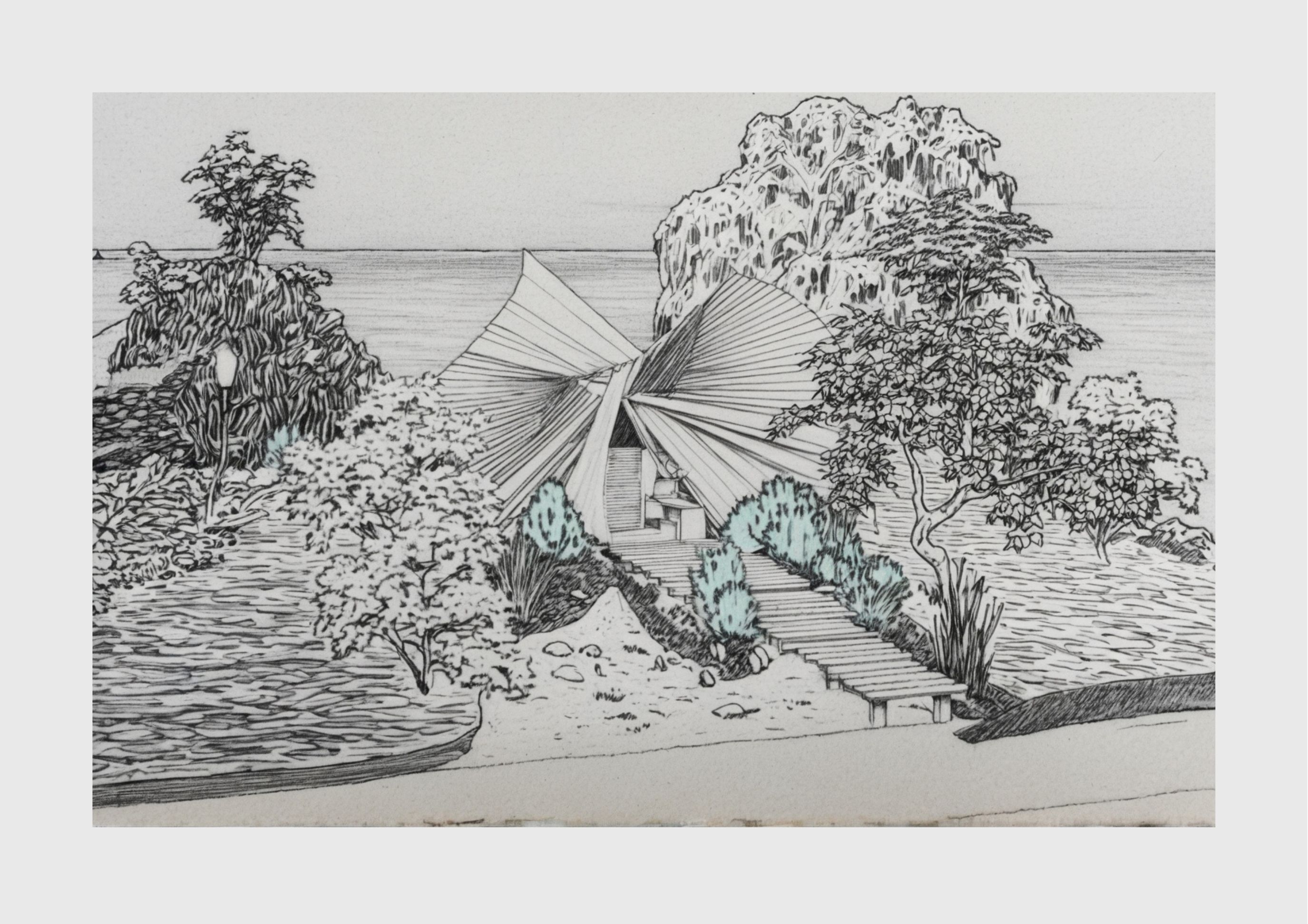 Black and white line drawing with geometric angular structure at centre, surrounded by detailed trees and foliage with light green accents.