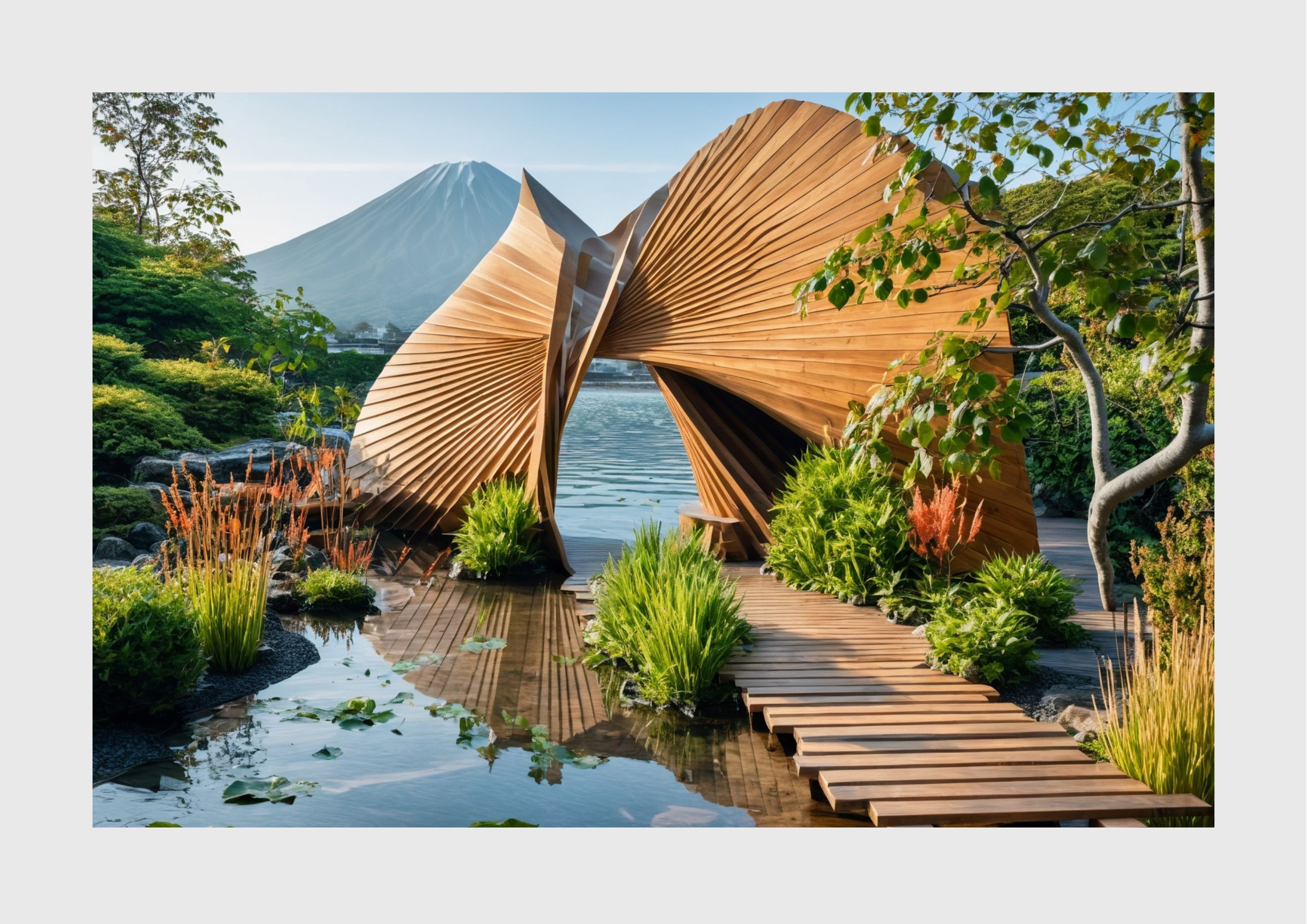 Curved wooden structure with fan-like ribbed panels over water feature, surrounded by green plants, with mountain and blue sky background.