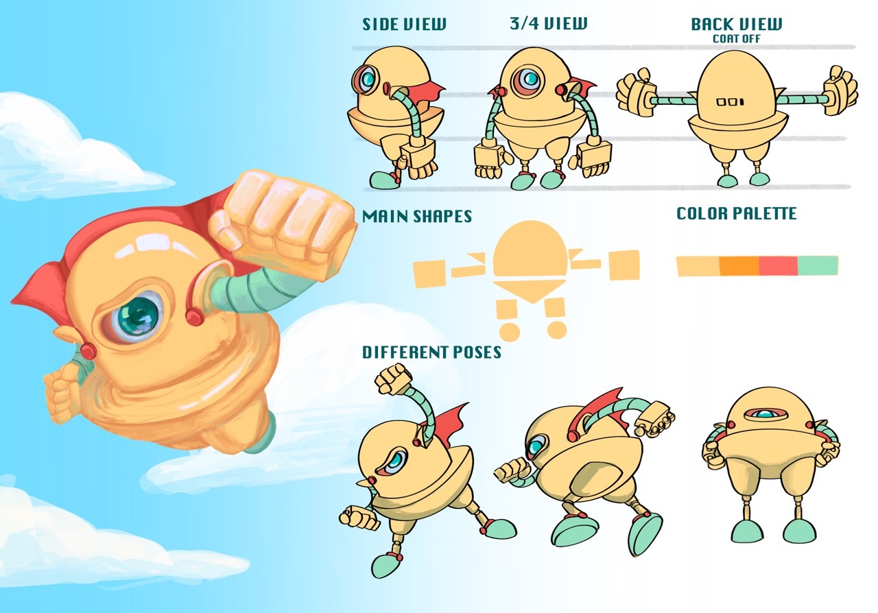 Character design sheet showing yellow robot with red helmet from multiple angles, basic shapes breakdown, and colour palette guide, blue sky in the background.