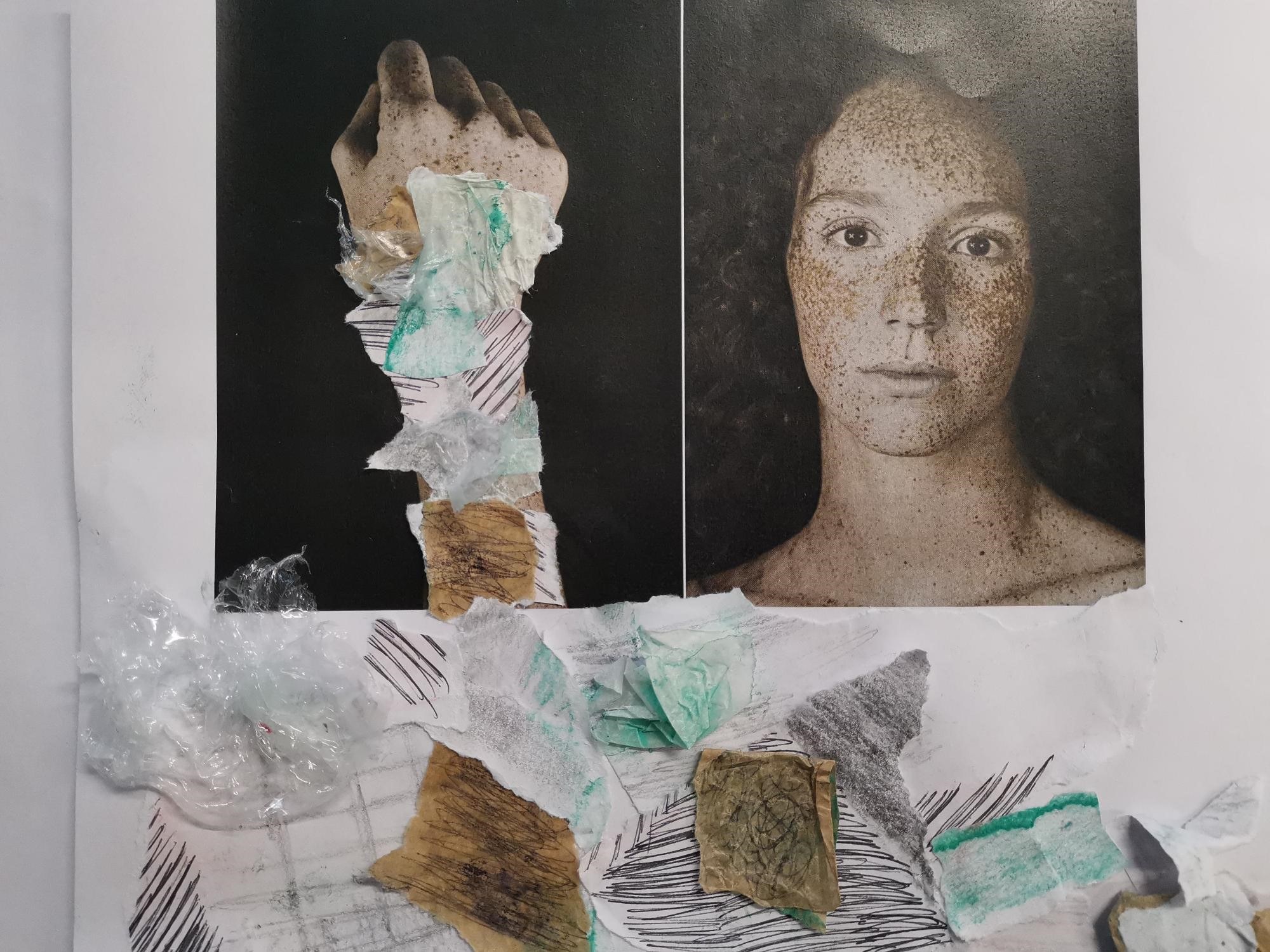 Collage made up of photos of a person's face and hand, while pieces of different material including paper and plastic are stuck along the bottom.