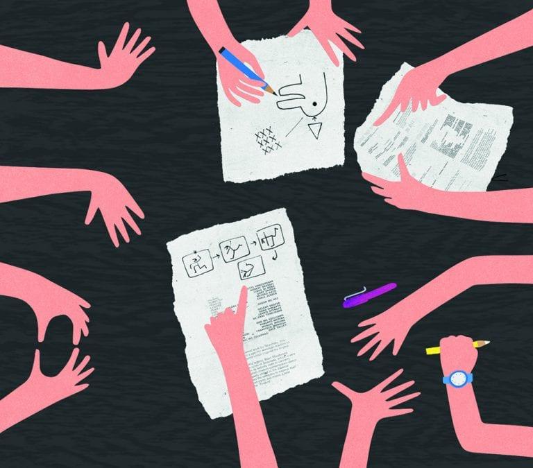 An illustration showing several hands and arms, some are interacting with three pieces of paper and pens.