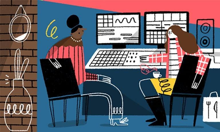 Illustration of two people sat by a large computer with two monitors, with a brick wall on the left and a speaker on the right.