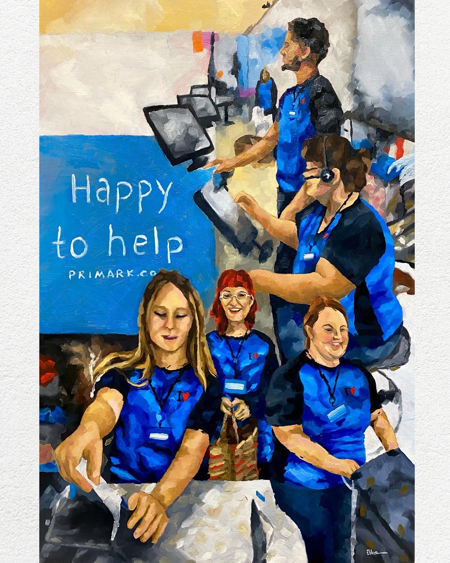 Painting of a scene with Primark colleagues at checkouts.