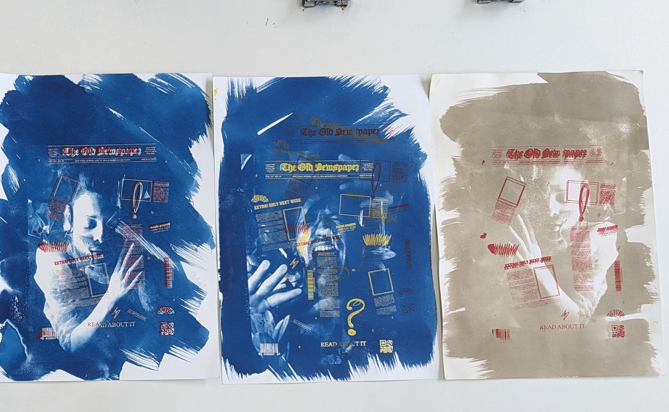 Three hybrid cyanotype print photographs of a person, each with a different pose, all with the header "The Old Newspaper".