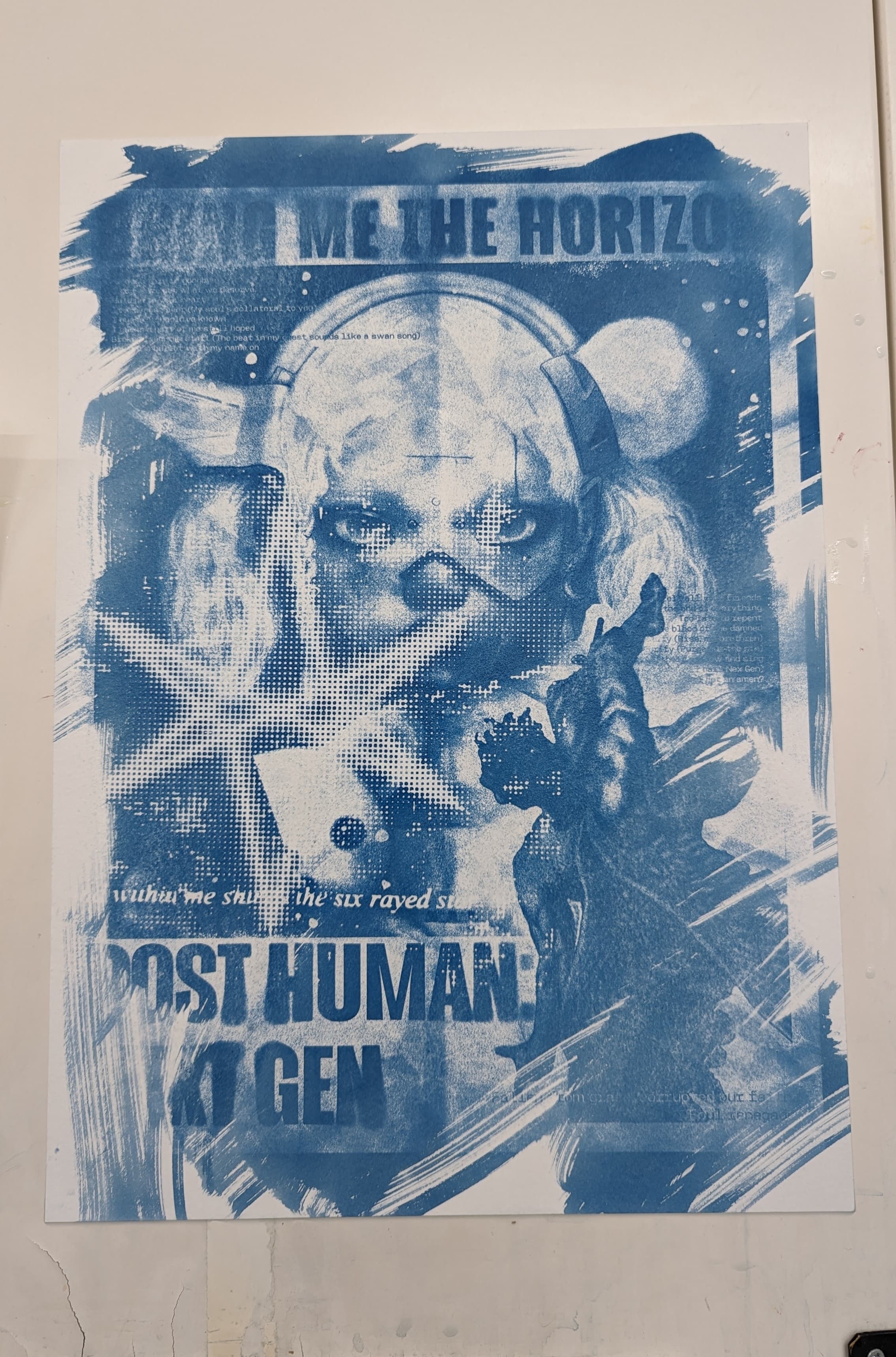 Cyanotype hybrid poster print, depicting a person resembling a clown. Text reading "Bring me the horizon" appears along the top. Text reading "Post human next gen" appears in the bottom-left corner in a newspaper headline style.