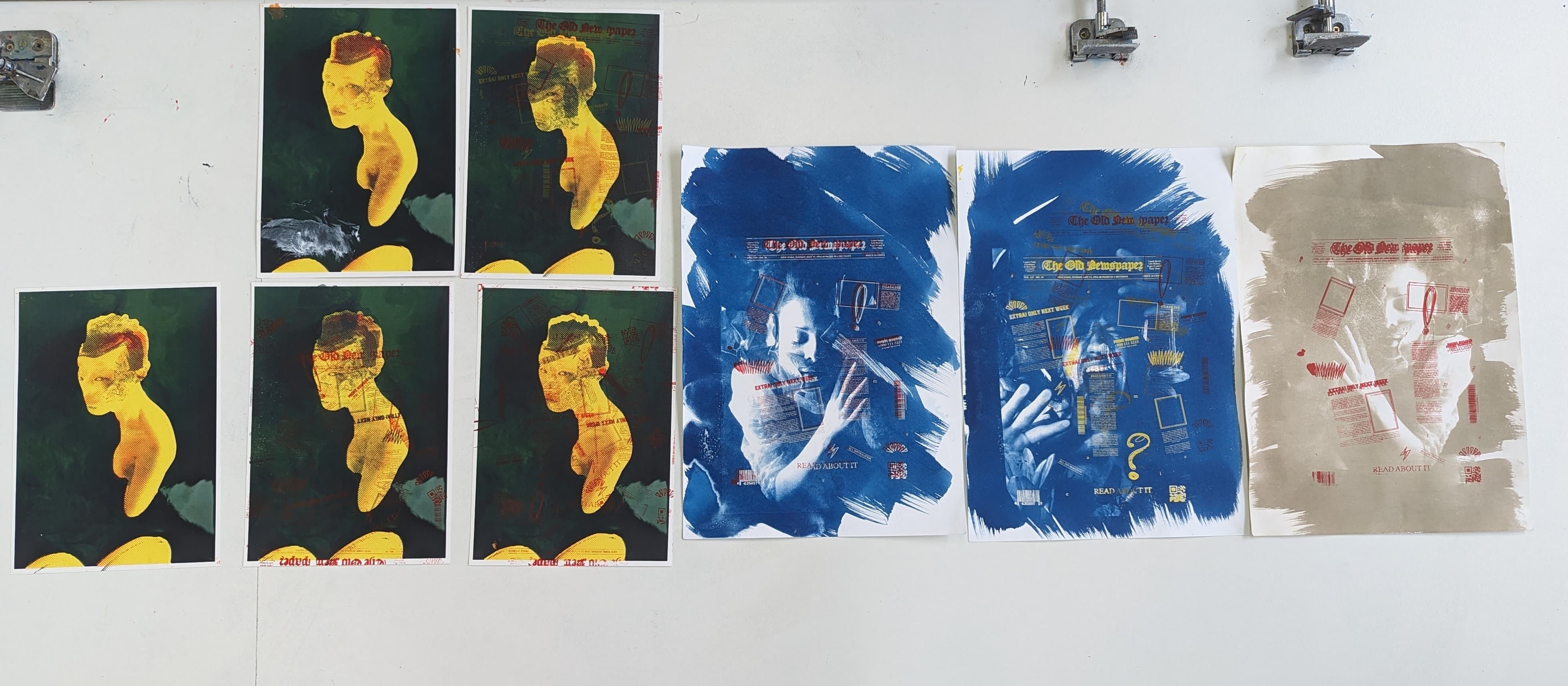 Two sets of print images. Five smaller images on the left all show similar versions of the same image, a person looking up towards the viewer. Three larger prints with text layered over photos appear on the right.