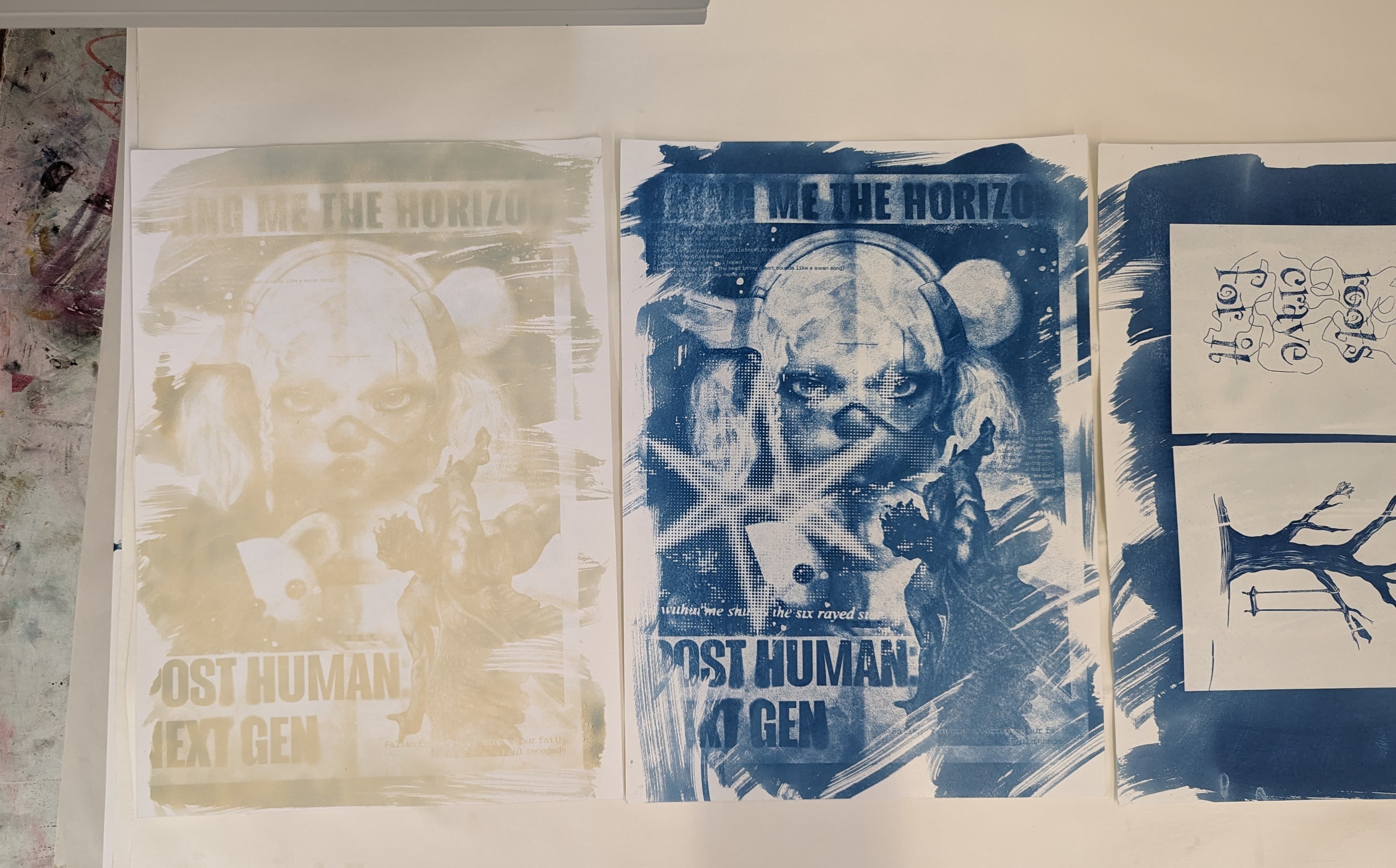 Three cyanotype printed posters, two of the same abstract image