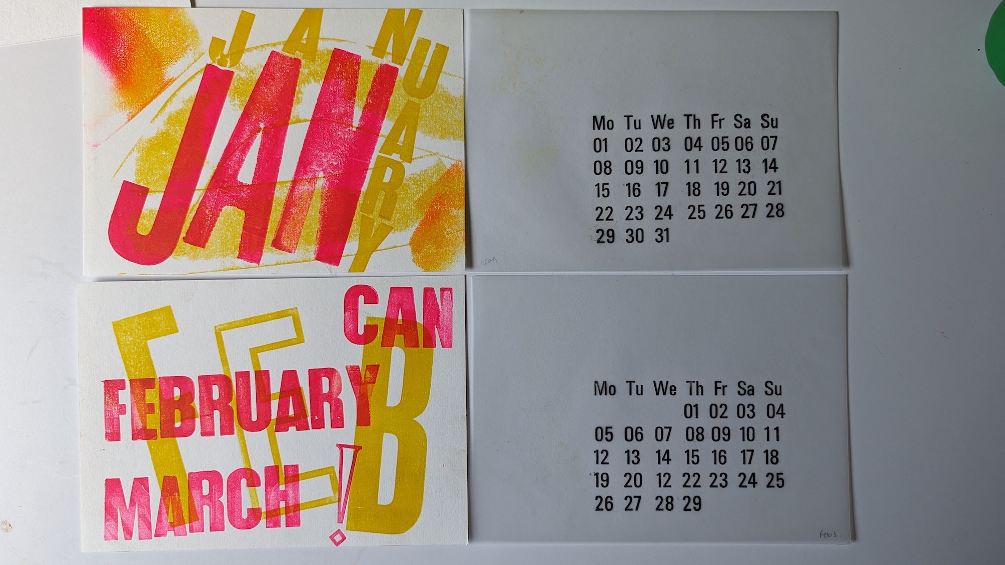 Colourful pink and yellow graphics and calendar, text reads 'JAN CAN FEBRUARY MARCH!' on four pieces of paper, white background.