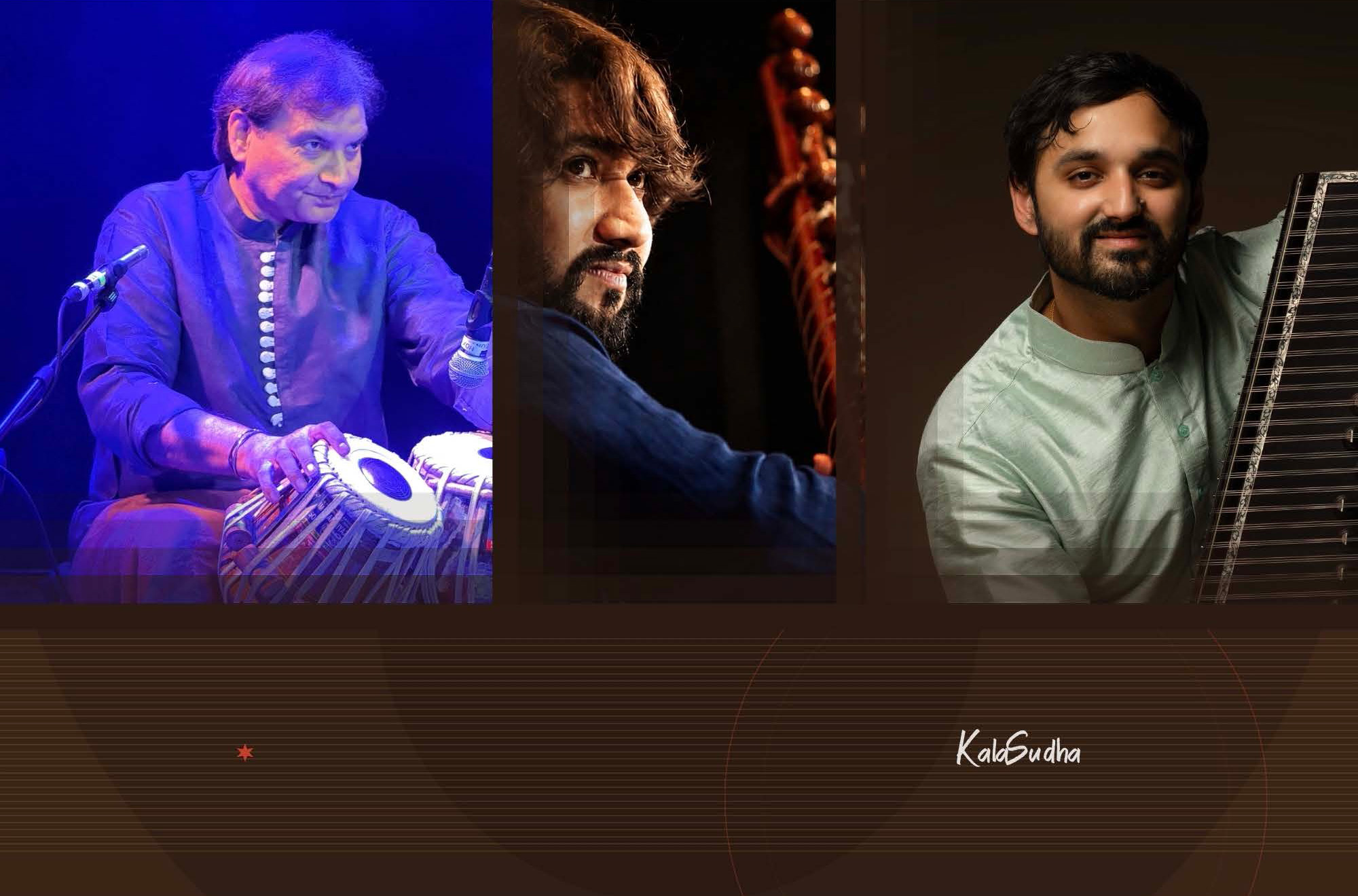 A three-panel portrait of classical musicians, including a tabla player on the left, a string player in profile at centre and another musician holding a tanpura on the right, above a dark brown background.