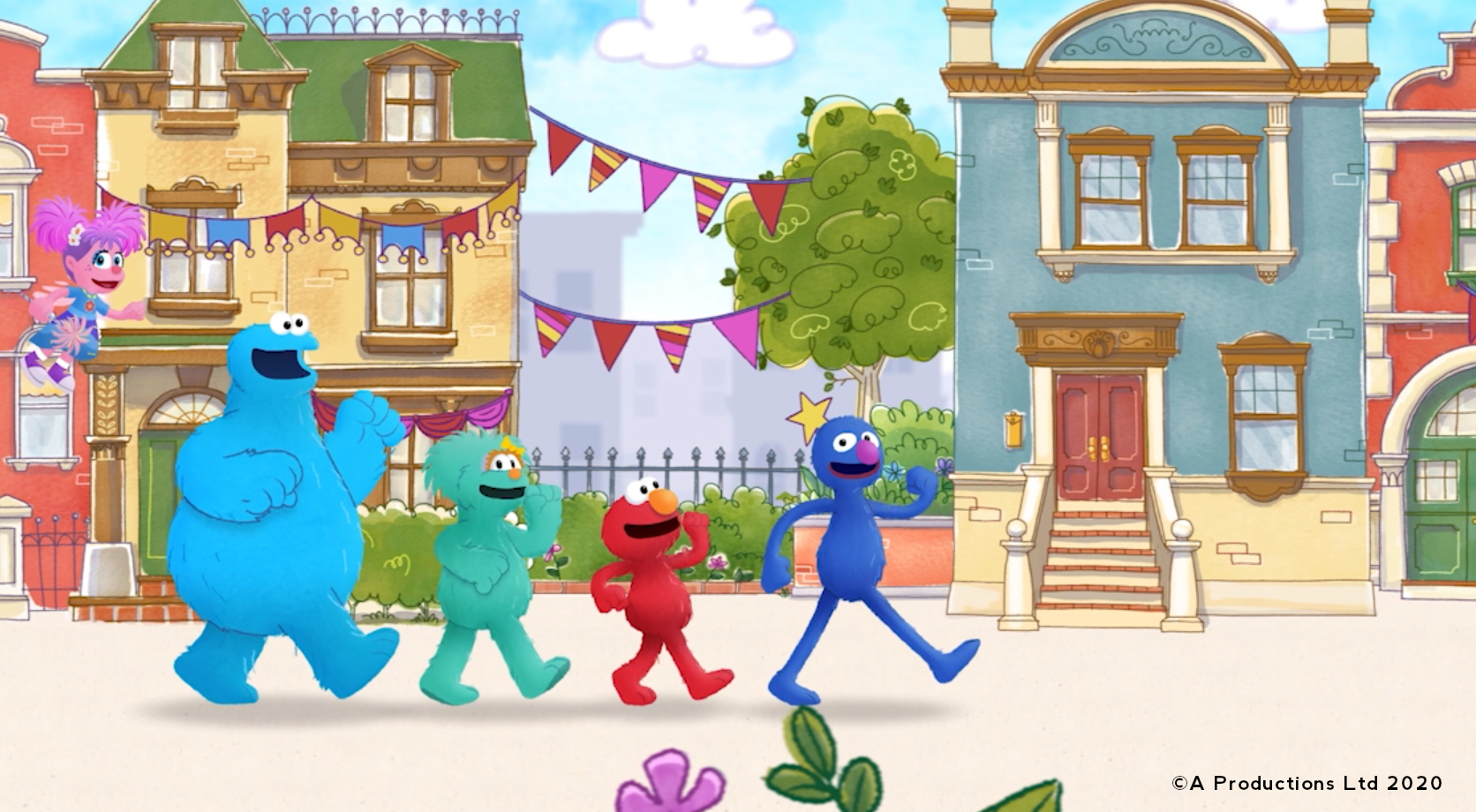 Illustration of five Sesame Street characters walking by houses – Abby, Cookie Monster, Rosita, Elmo and Grover