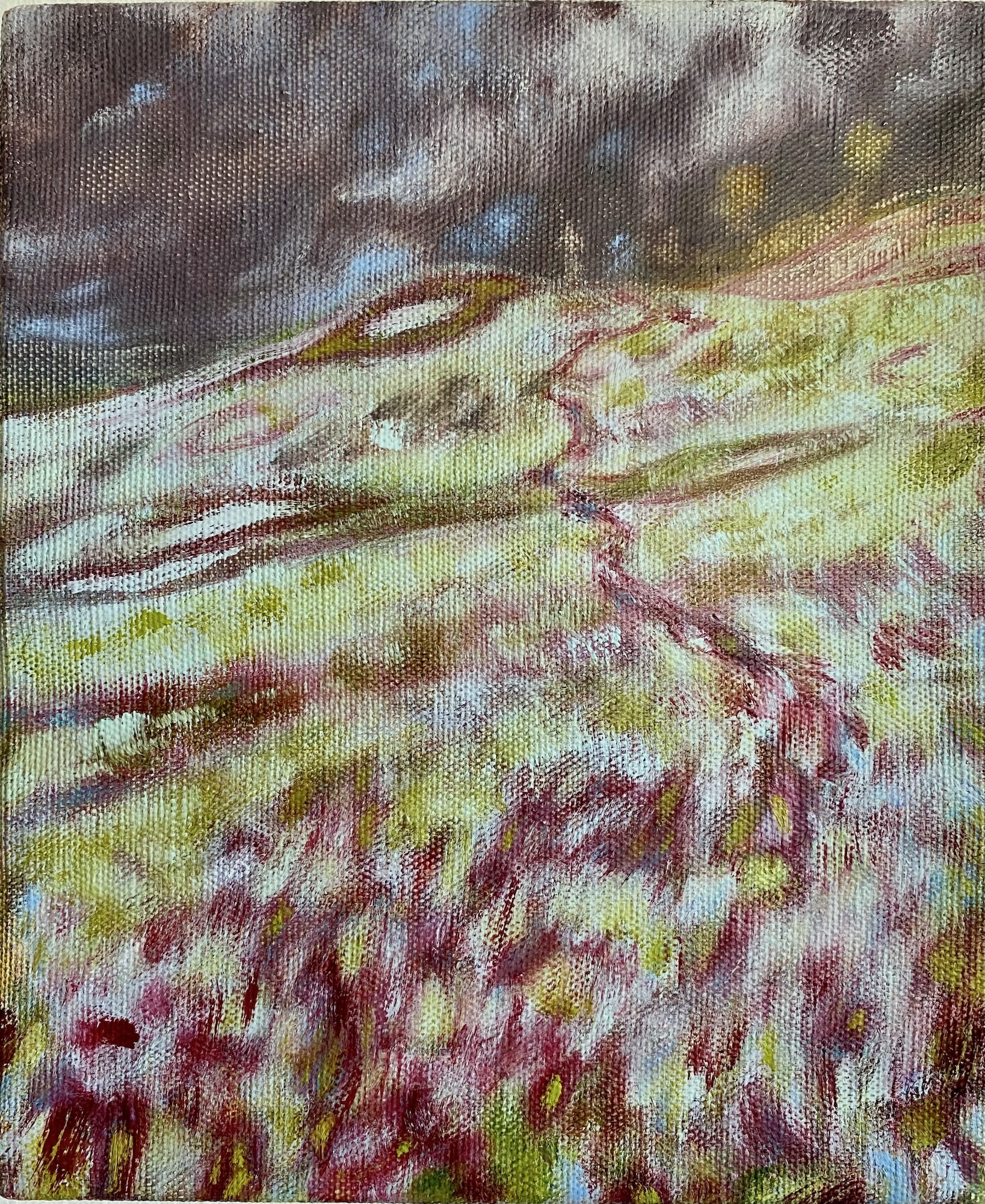 An abstract painting with sweeping yellow, pink and brown brushstrokes, and a dark textured area across the top.