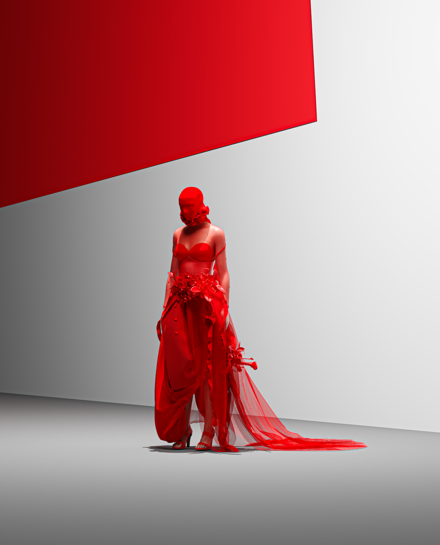 A digital model, facing off to the left, wearing a primarily red dress and mask covering their entire face.
