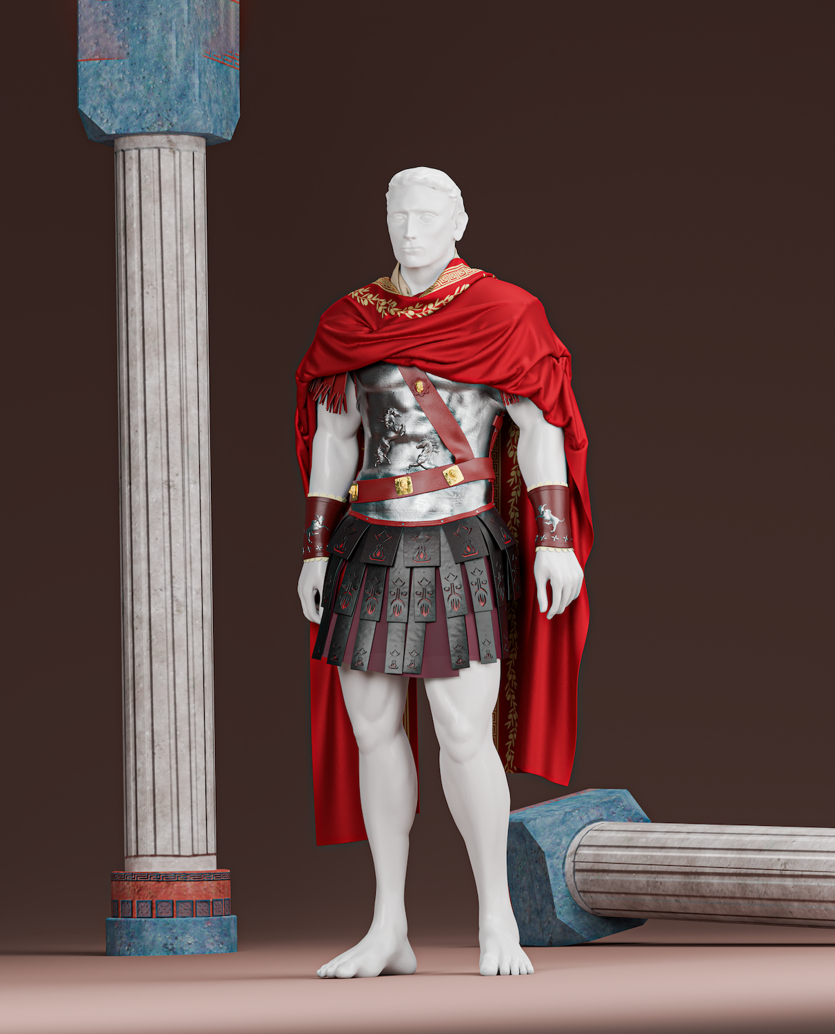 Digital figure of a Roman soldier. His costume is in colour, with two Roman-style columns in the background.