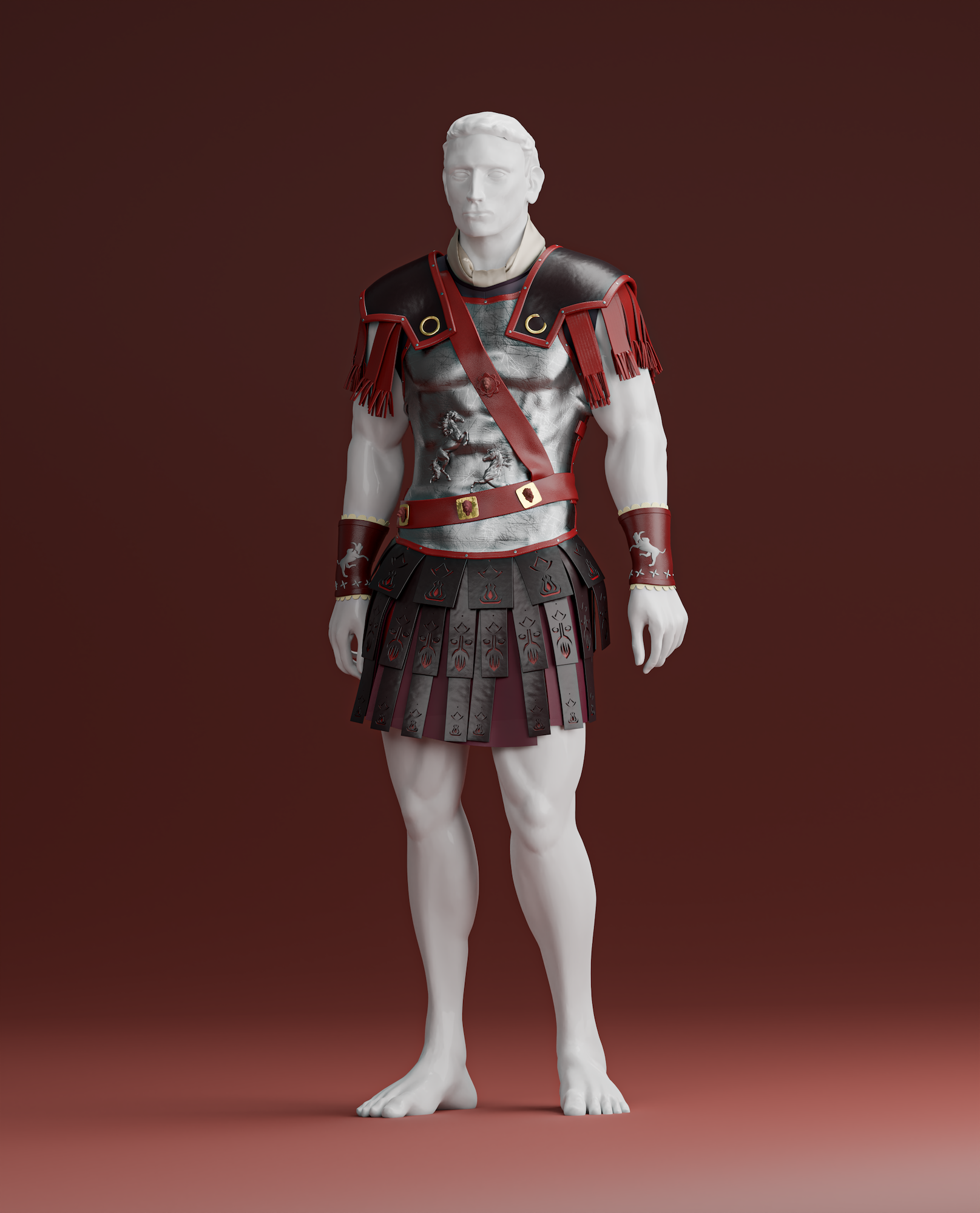 Digital model of a Roman soldier. His armour and costume are in colour, while his face, arms and legs are greyed out.