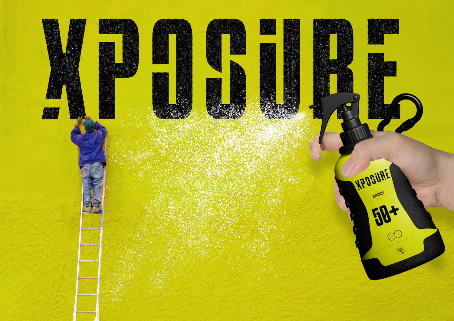 Yellow-green banner with black text reading "XPOSURE" across the top. A man on a ladder is working just under the "X". A hand appears at the right spraying from a bottle with "XPOSURE" branding.